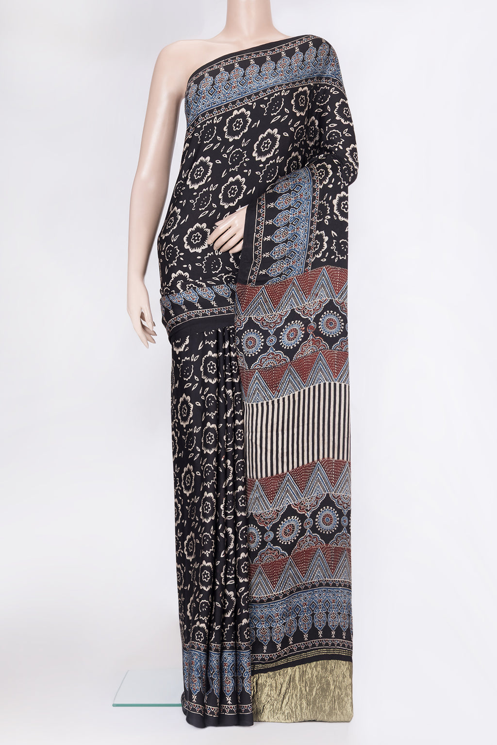 Black Blended Satin Crepe Saree with Printed design on the body and Printed Border.  displayed on a mannequin