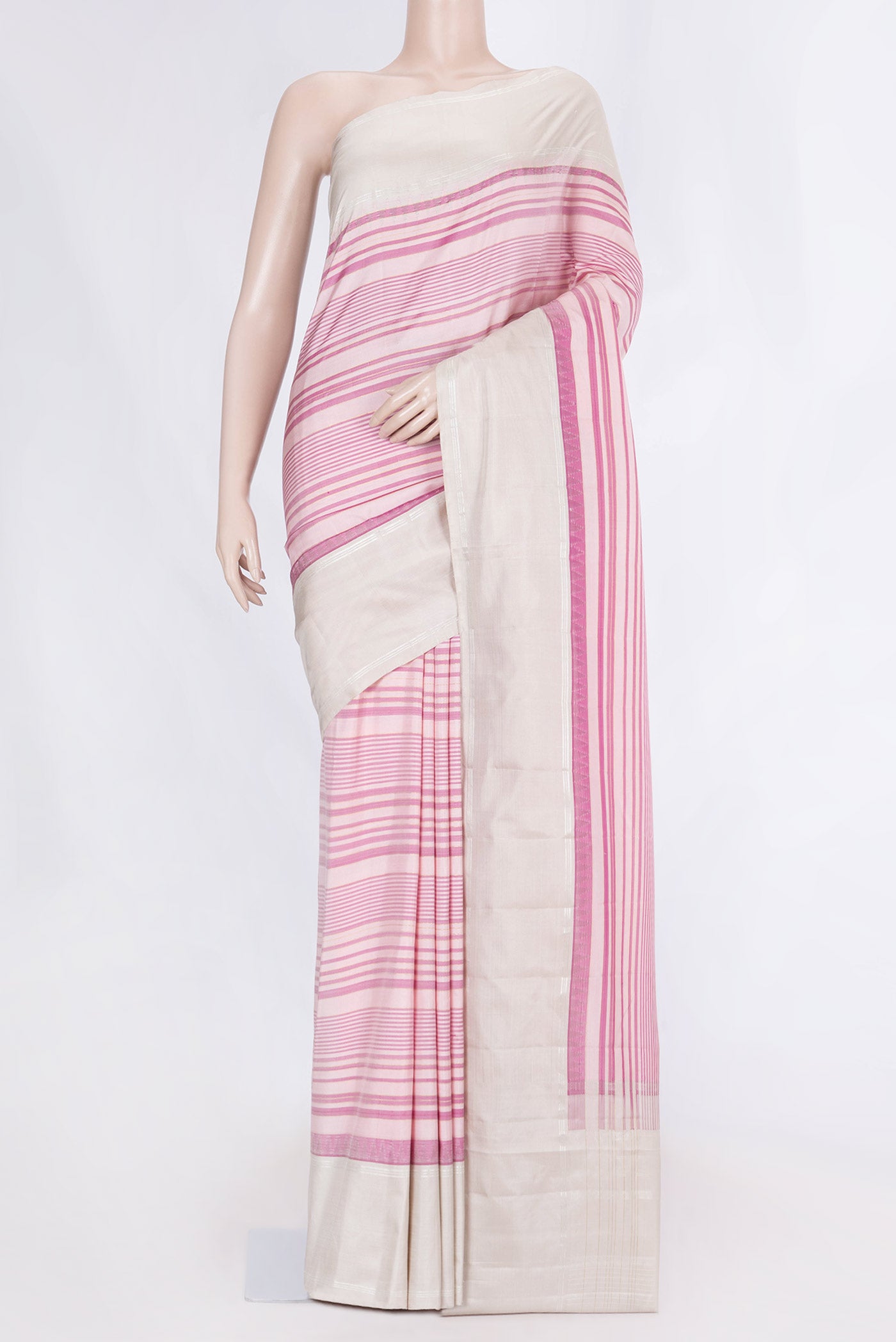 Pink Dual Tone Kanchipuram Silk Saree with Stripes on the body and Zari Border displayed on a mannequin
