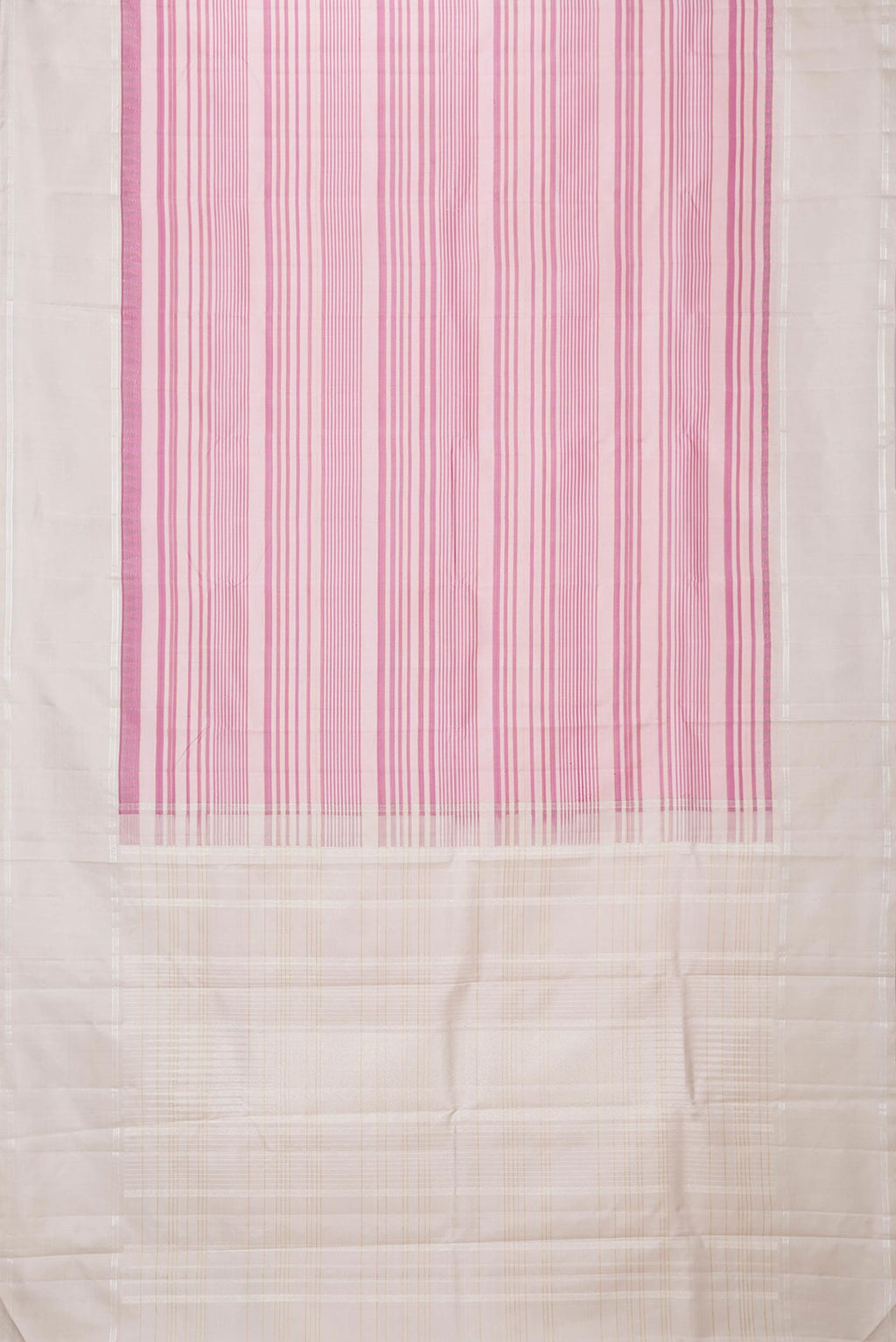 Flat view of Pink Dual Tone Kanchipuram Silk Saree with Stripes on the body and Zari Border