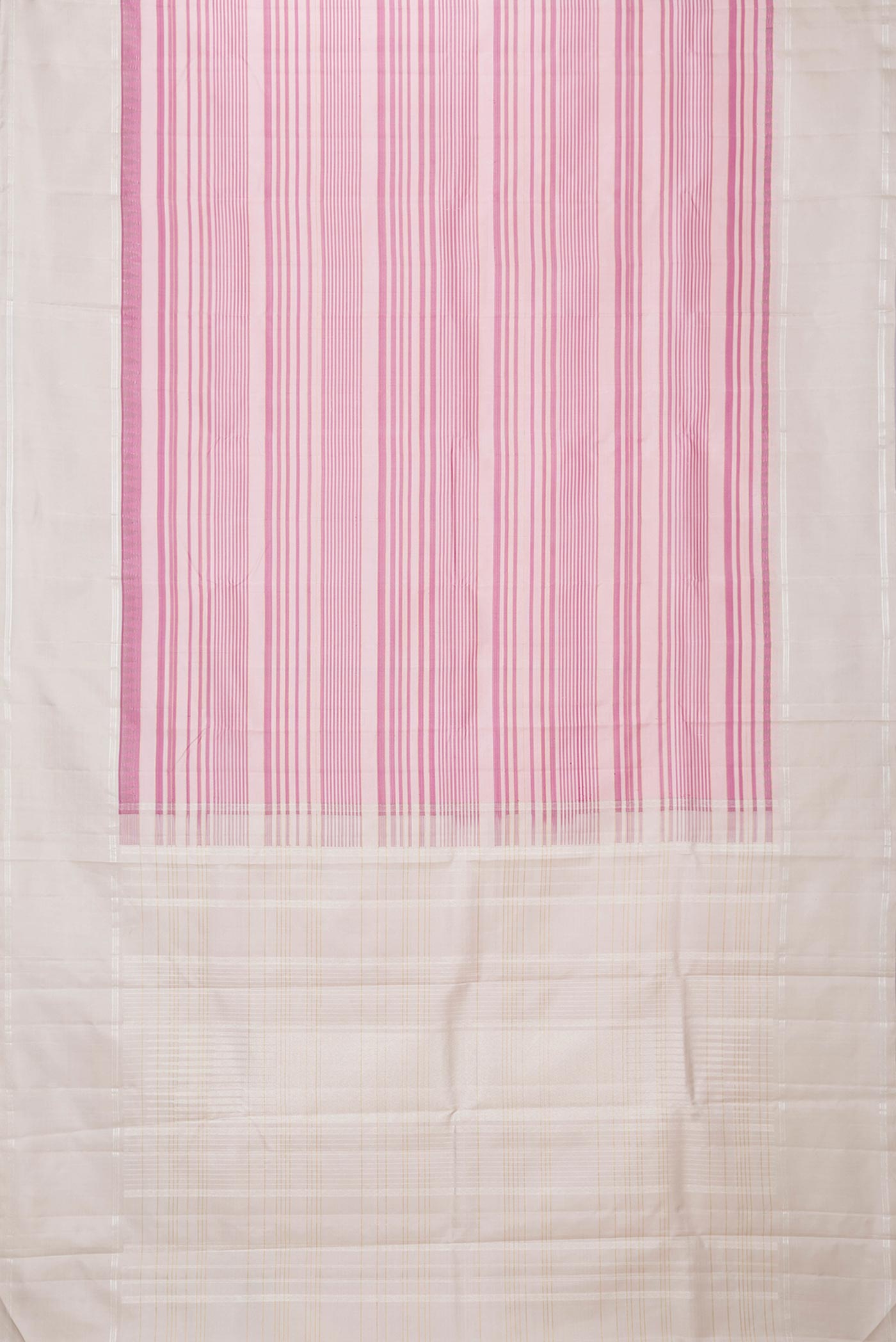 Flat view of Pink Dual Tone Kanchipuram Silk Saree with Stripes on the body and Zari Border