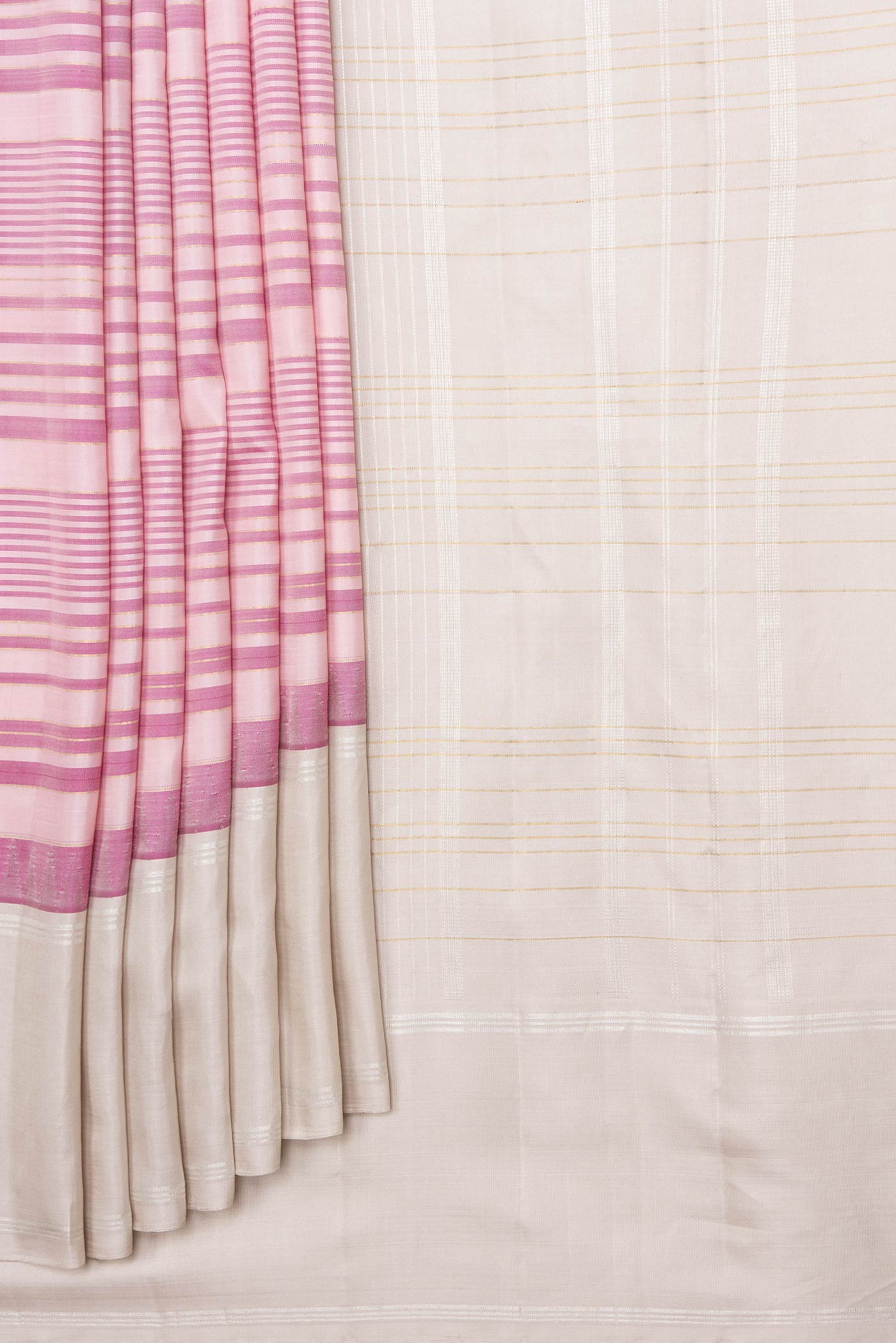 Pleats and pallu of Pink Dual Tone Kanchipuram Silk Saree with Stripes on the body and Zari Border