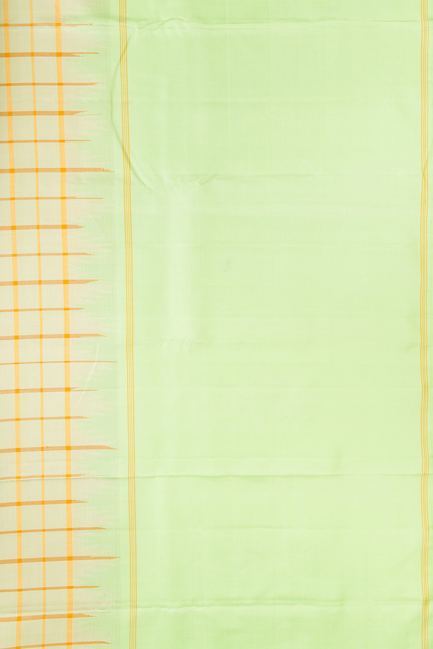Border image of Pista Green Dual Tone Double Ikat Saree with Checked design on the body and Ganga Jamuna Border. 