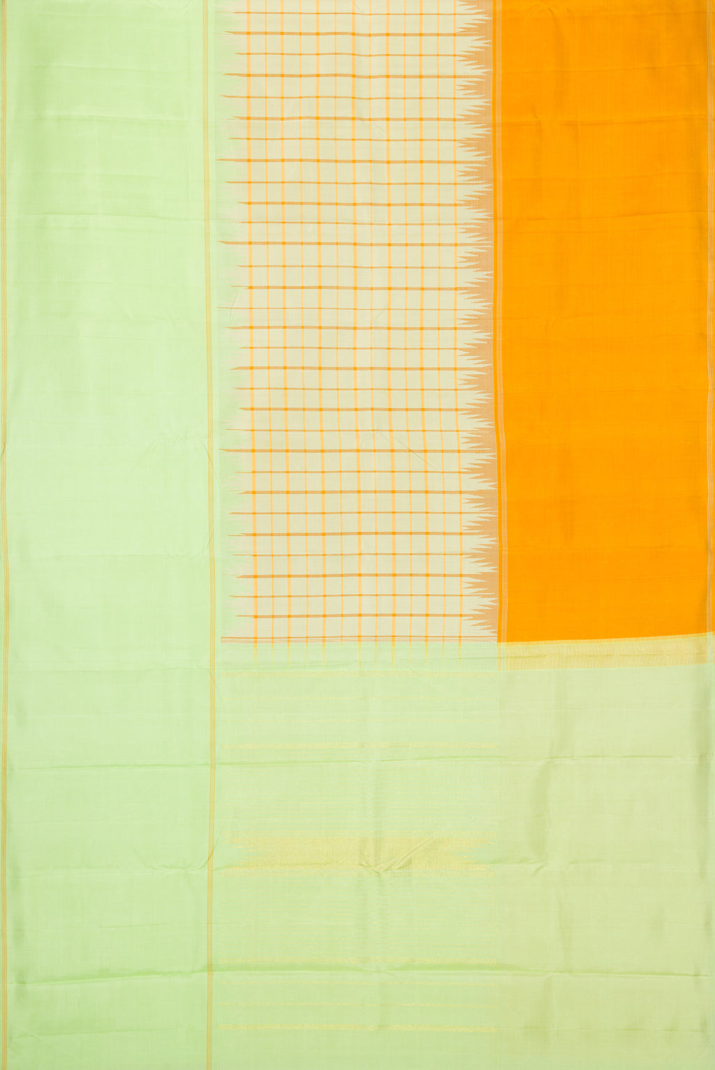 Flat view of Pista Green Dual Tone Double Ikat Saree with Checked design on the body and Ganga Jamuna Border. 