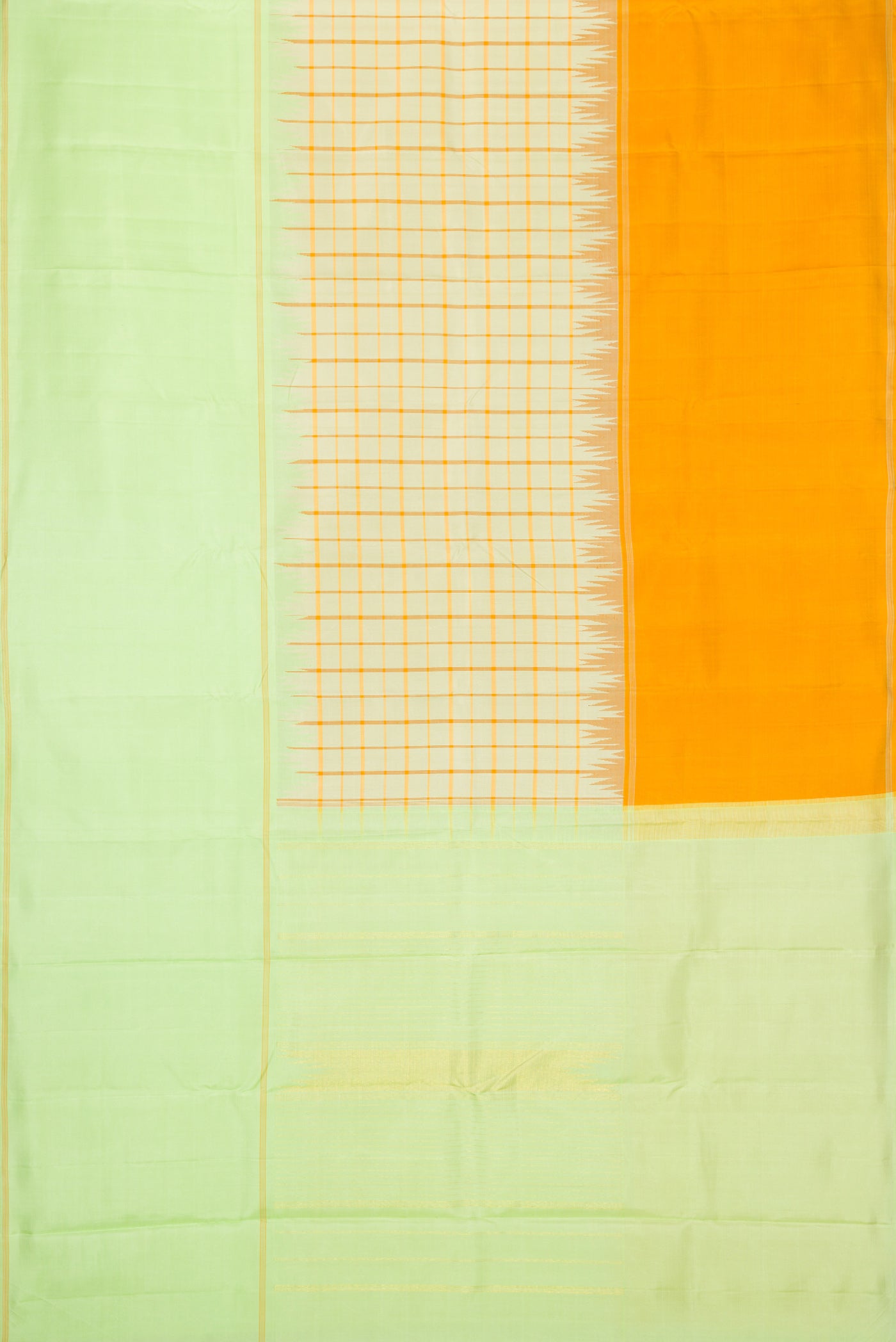 Flat view of Pista Green Dual Tone Double Ikat Saree with Checked design on the body and Ganga Jamuna Border. 