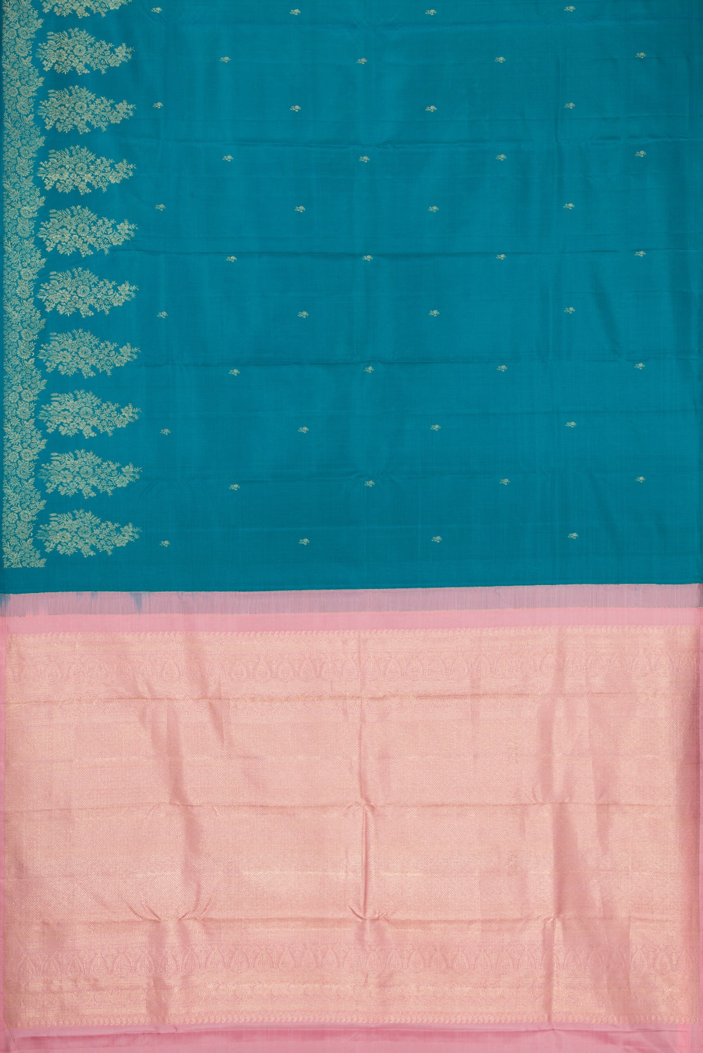 Flat view of Peacock Blue Dual Tone Kanjivaram Silk Saree with Zari Butta on the body and Fancy Border. 