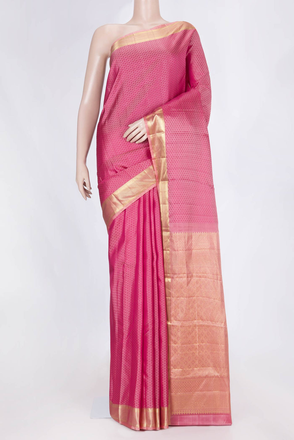 Pink Dual Tone Kanchipuram Saree with Jacquard design on the body and Zari Border displayed on a mannequin