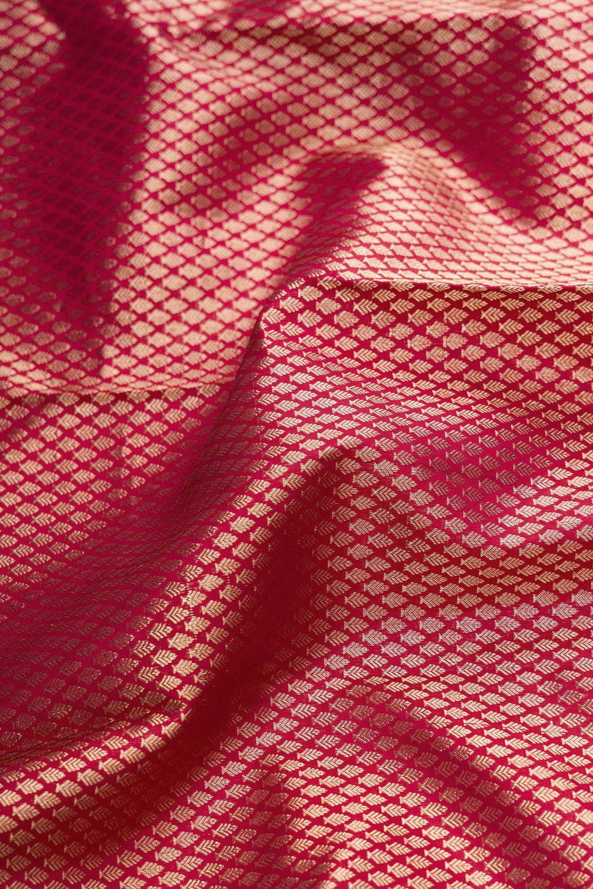 Close up of Maroon Dual Tone Kanjivaram Silk Saree with Zari Brocade on the body and Zari Border.  displaying folds