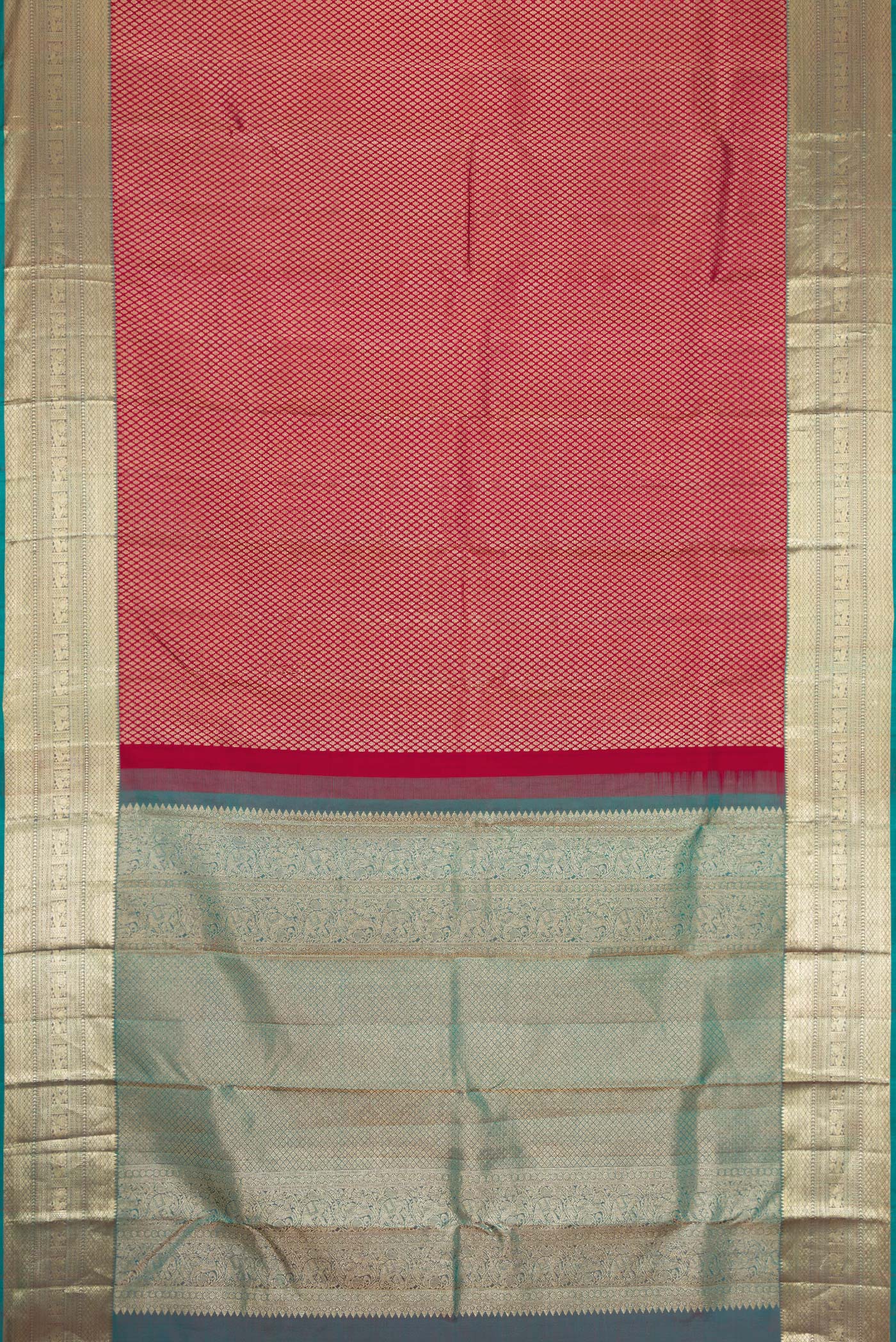 Flat view of Maroon Dual Tone Kanjivaram Silk Saree with Zari Brocade on the body and Zari Border. 