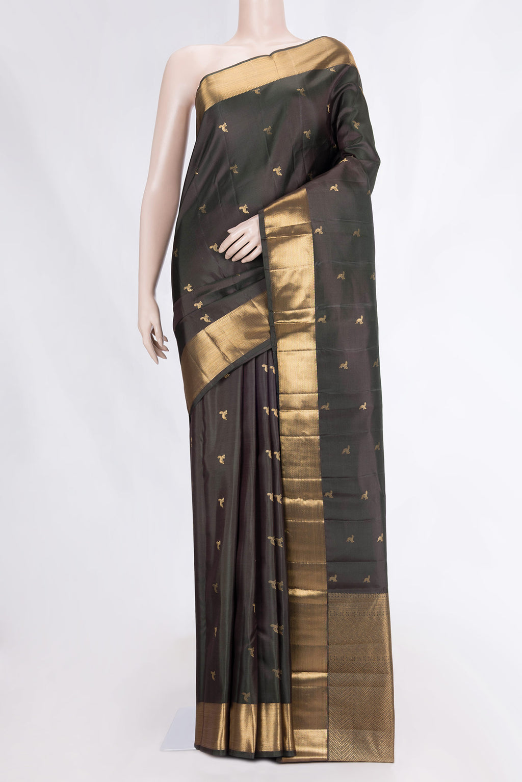 Bottle Green Dual Tone Kanchipuram Silk Saree with Zari Butta on the body and Zari Border displayed on a mannequin