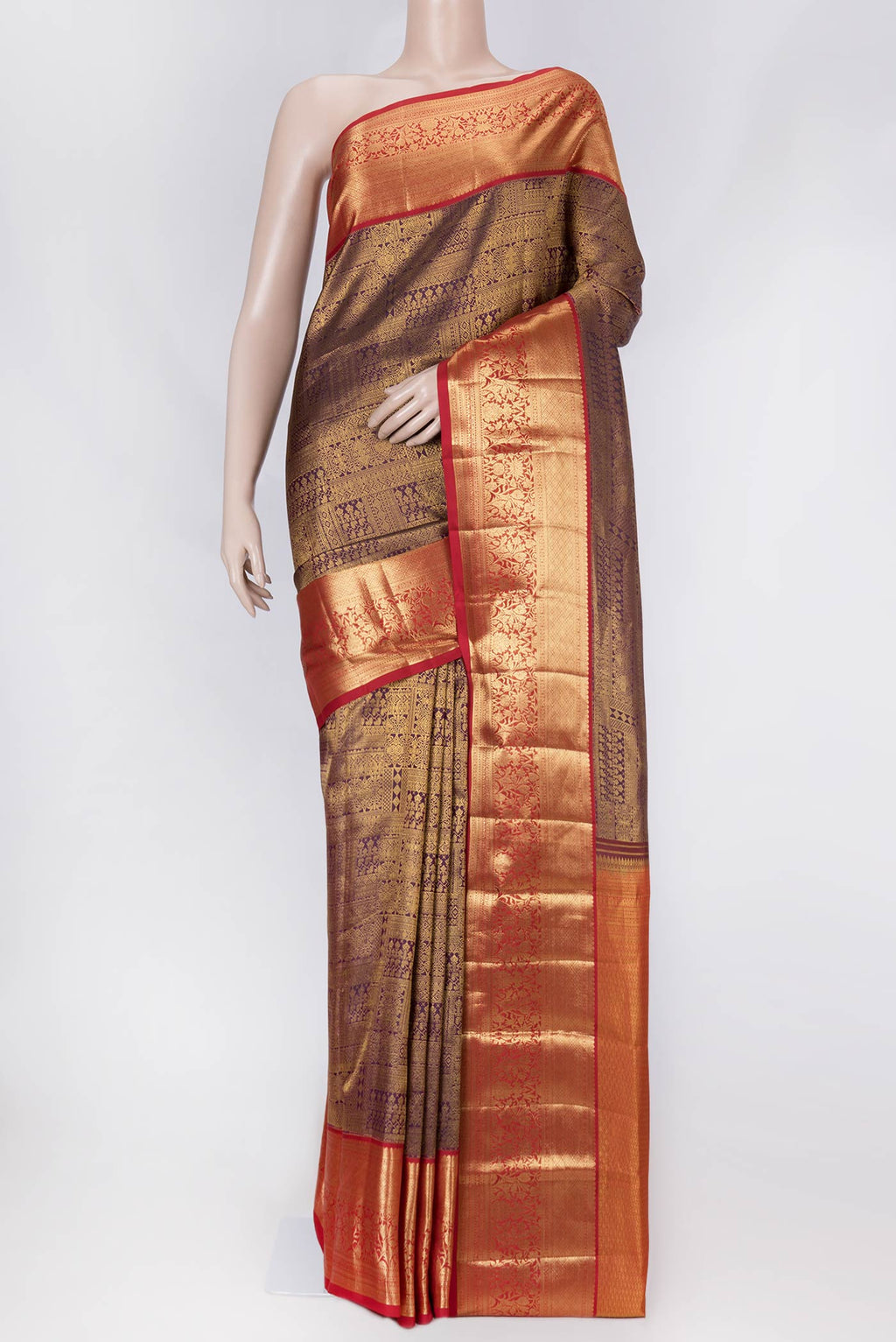 Burgundy Dual Tone Kanchipuram Saree with Zari Brocade on the body and Zari Border displayed on a mannequin