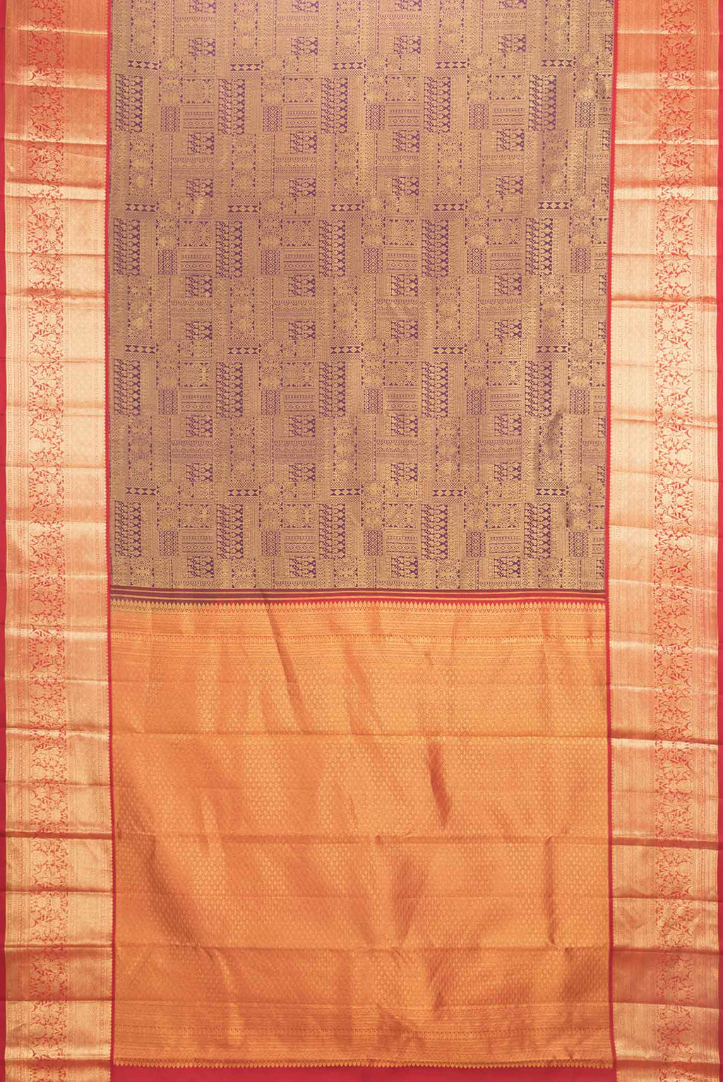 Flat view of Burgundy Dual Tone Kanchipuram Saree with Zari Brocade on the body and Zari Border