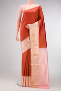 Maroon Dual Tone Kanchipuram Silk Saree with Zari Brocade on the body and Zari Border.  displayed on a mannequin