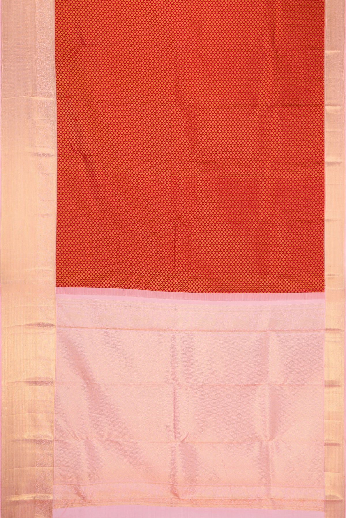 Flat view of Maroon Dual Tone Kanchipuram Silk Saree with Zari Brocade on the body and Zari Border. 
