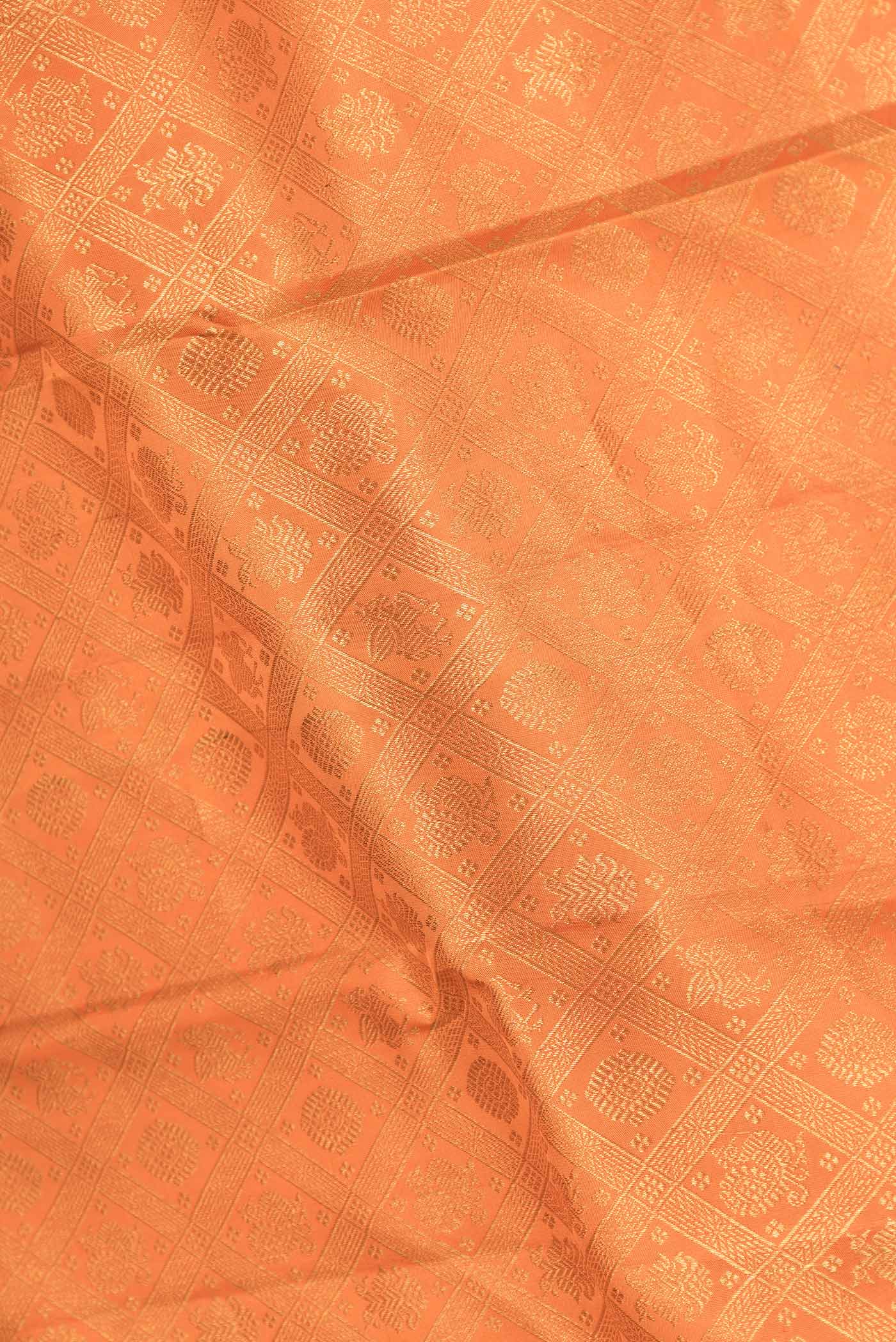 Close up of Orange Dual Tone Kanchipuram Silk Saree with Zari Brocade on the body and Zari Border displaying folds