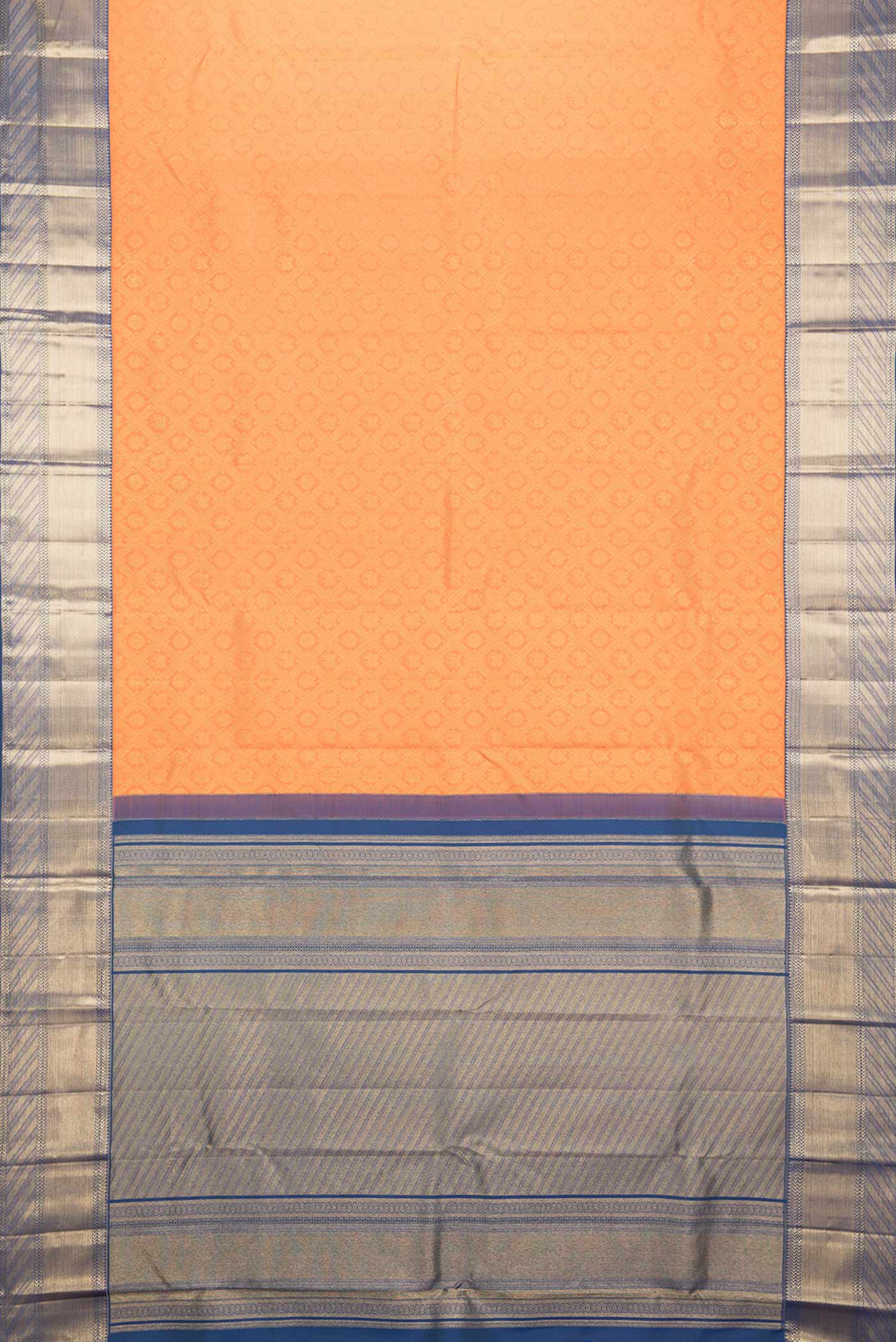 Flat view of Orange Dual Tone Kanchipuram Silk Saree with Zari Brocade on the body and Zari Border