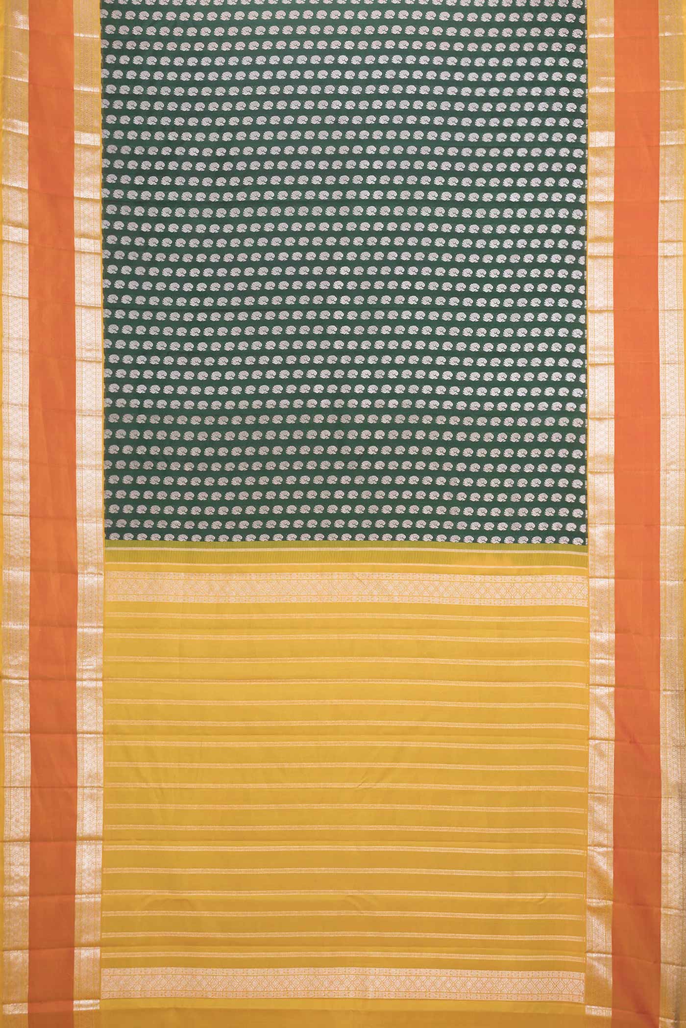 Flat view of Green Dual Tone Kanchipuram Saree with Zari Brocade on the body and Zari Border