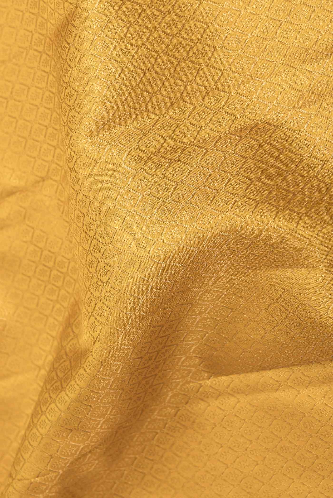 Close up of Yellow Dual Tone Kanchipuram Saree with Zari Brocade on the body and Zari And Thread Border displaying folds