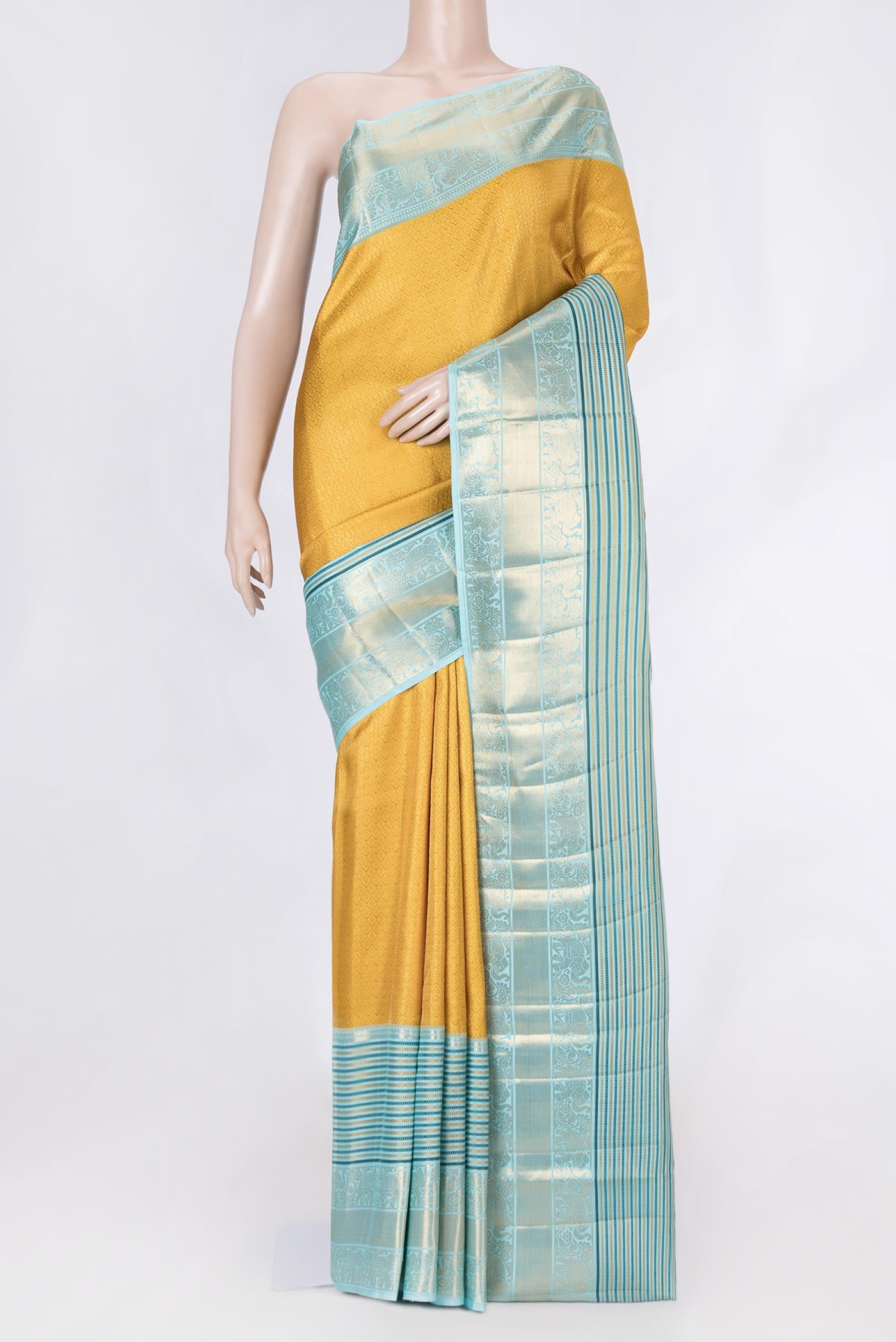 Yellow Dual Tone Kanchipuram Saree with Zari Brocade on the body and Zari And Thread Border displayed on a mannequin