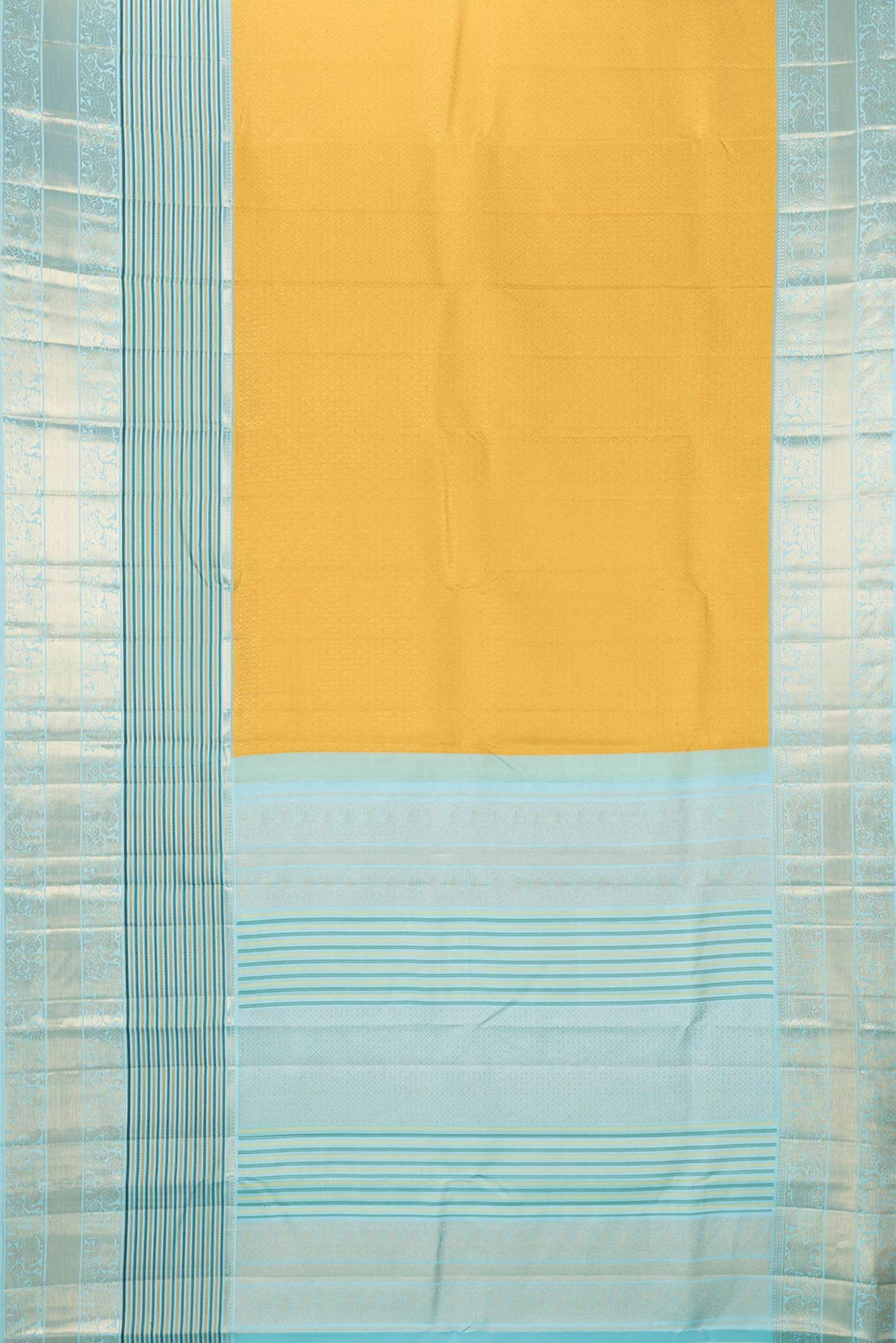 Flat view of Yellow Dual Tone Kanchipuram Saree with Zari Brocade on the body and Zari And Thread Border
