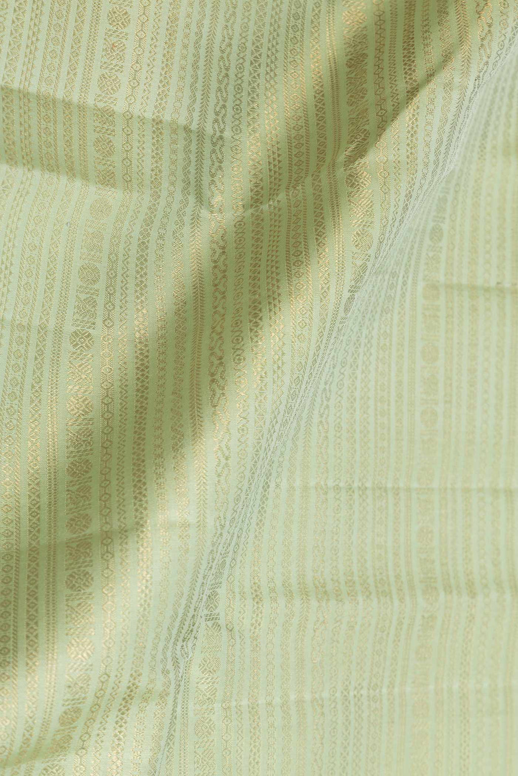 Close up of Pista Green Dual Tone Kanchipuram Saree with Zari Brocade on the body and Zari Border displaying folds