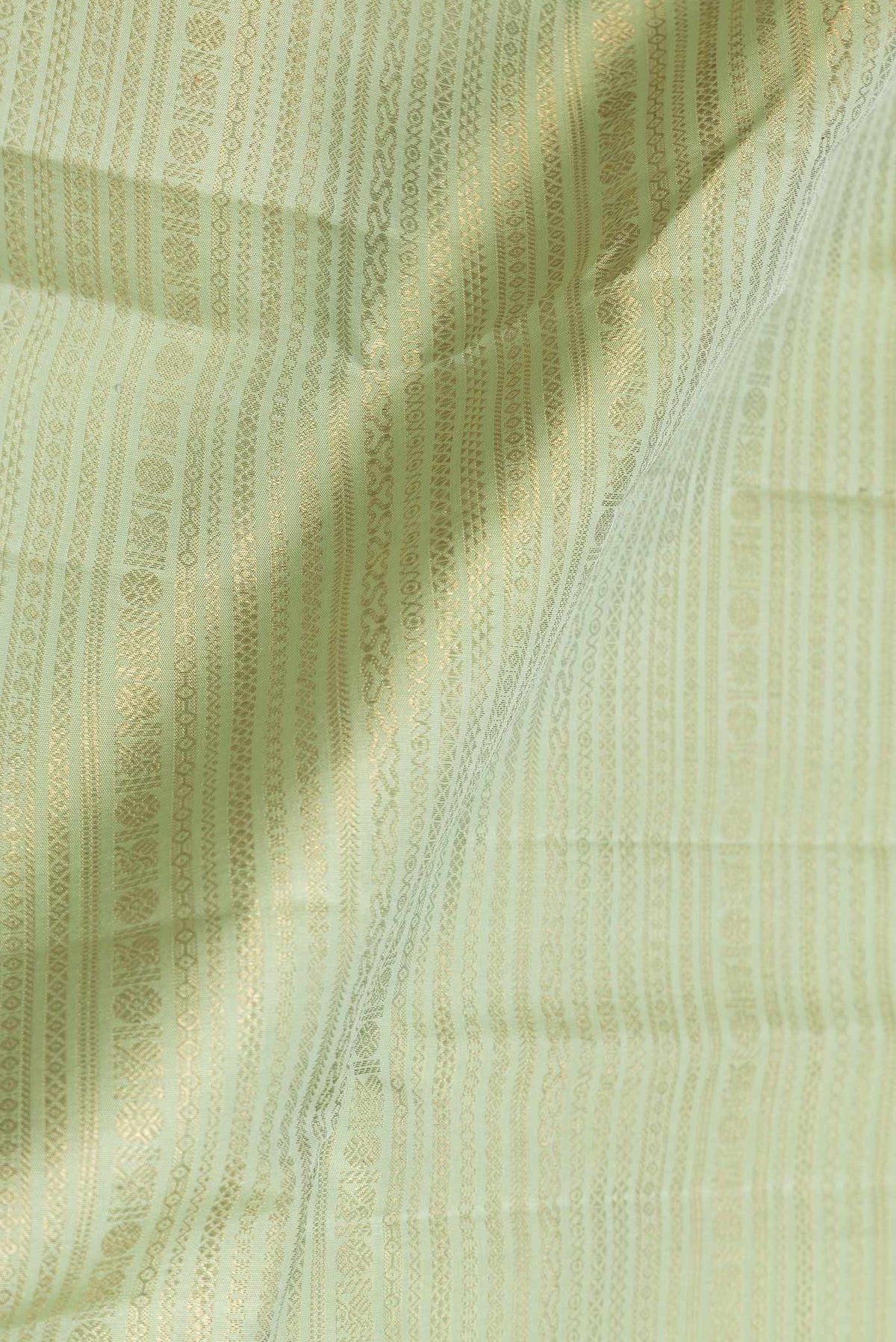 Close up of Pista Green Dual Tone Kanchipuram Saree with Zari Brocade on the body and Zari Border displaying folds