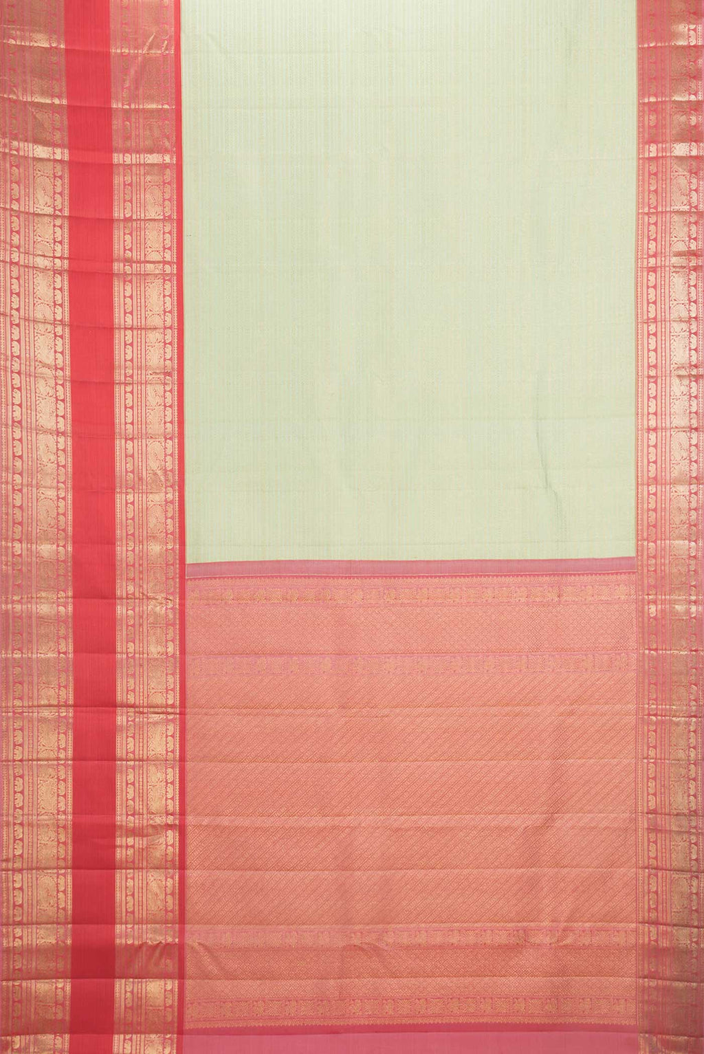 Flat view of Pista Green Dual Tone Kanchipuram Saree with Zari Brocade on the body and Zari Border