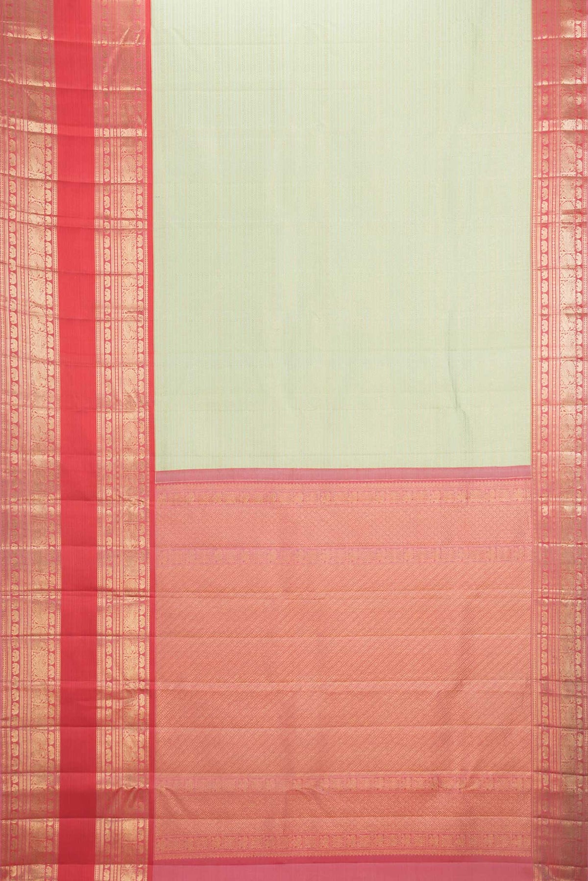 Flat view of Pista Green Dual Tone Kanchipuram Saree with Zari Brocade on the body and Zari Border