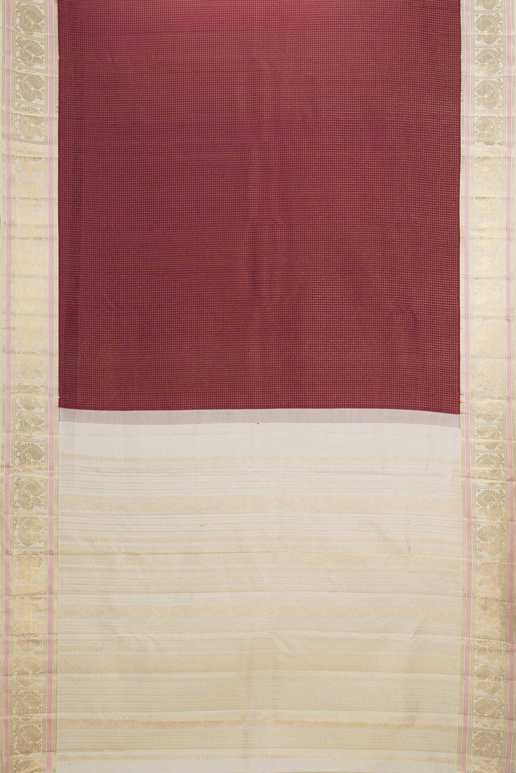 Flat view of Maroon Dual Tone Kanchipuram Saree with Checked design on the body and Zari Border