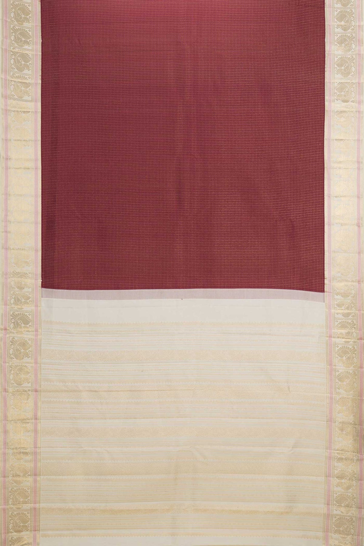 Flat view of Maroon Dual Tone Kanchipuram Saree with Checked design on the body and Zari Border