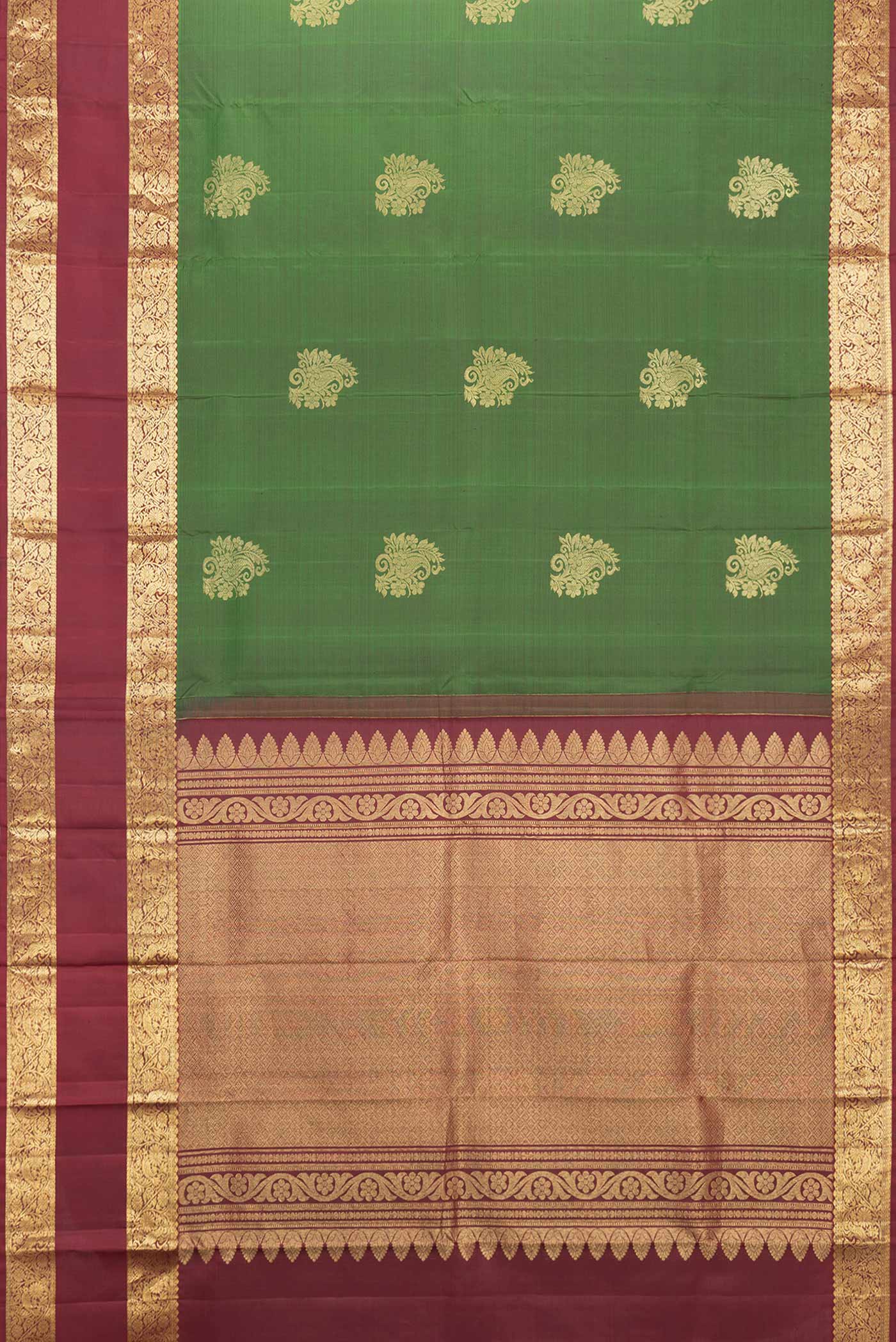 Flat view of Green Dual Tone Kanchipuram Saree with Zari Butta on the body and Zari Border. 