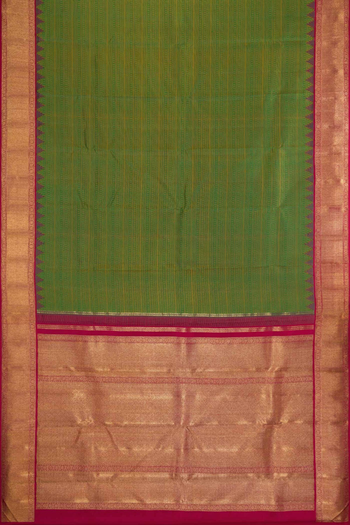 Flat view of Pure Silk Pure Zari Green Dual Tone Kanjivaram Saree with Jacquard design on the body and Zari Border. 