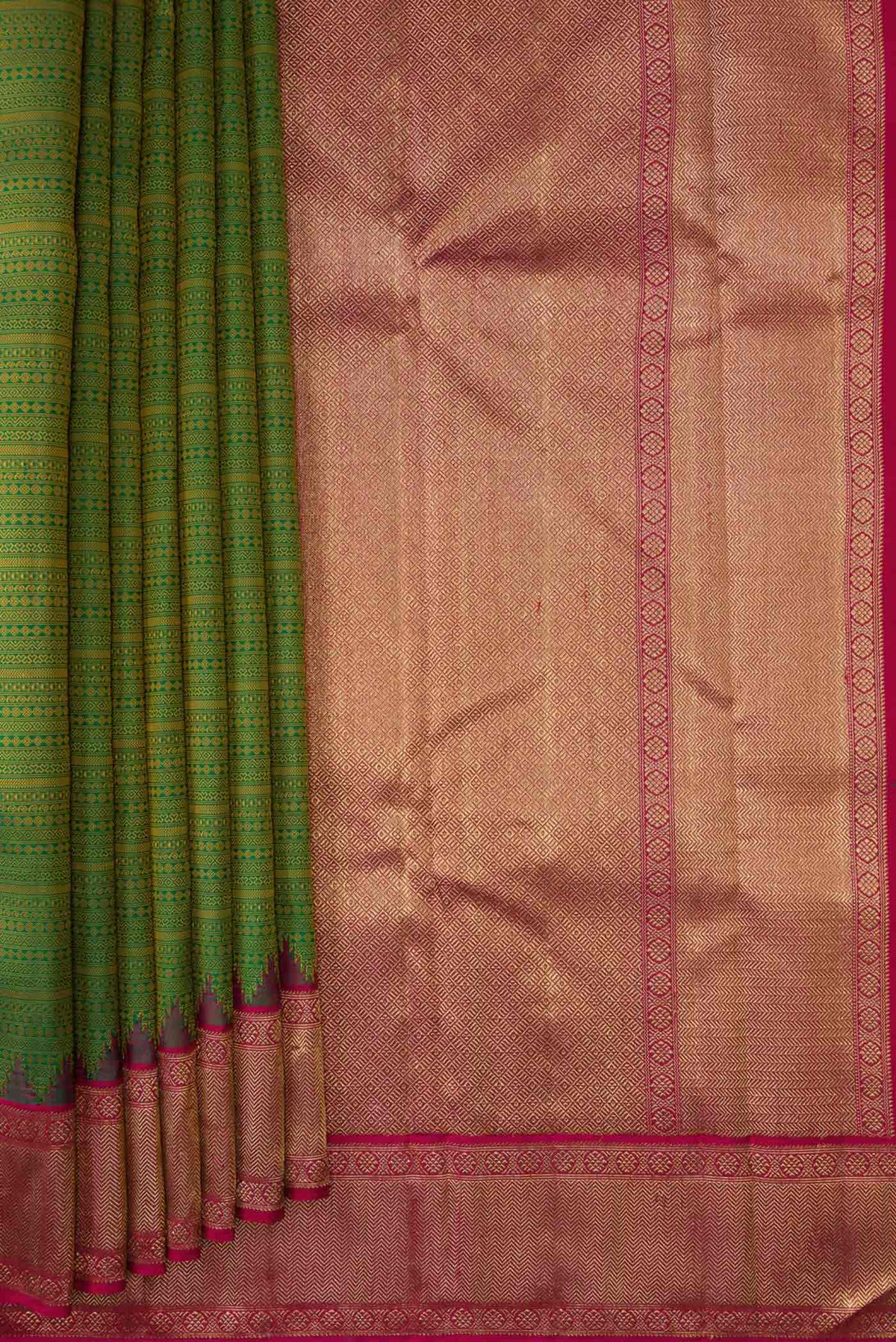 Pleats and pallu of Pure Silk Pure Zari Green Dual Tone Kanjivaram Saree with Jacquard design on the body and Zari Border. 
