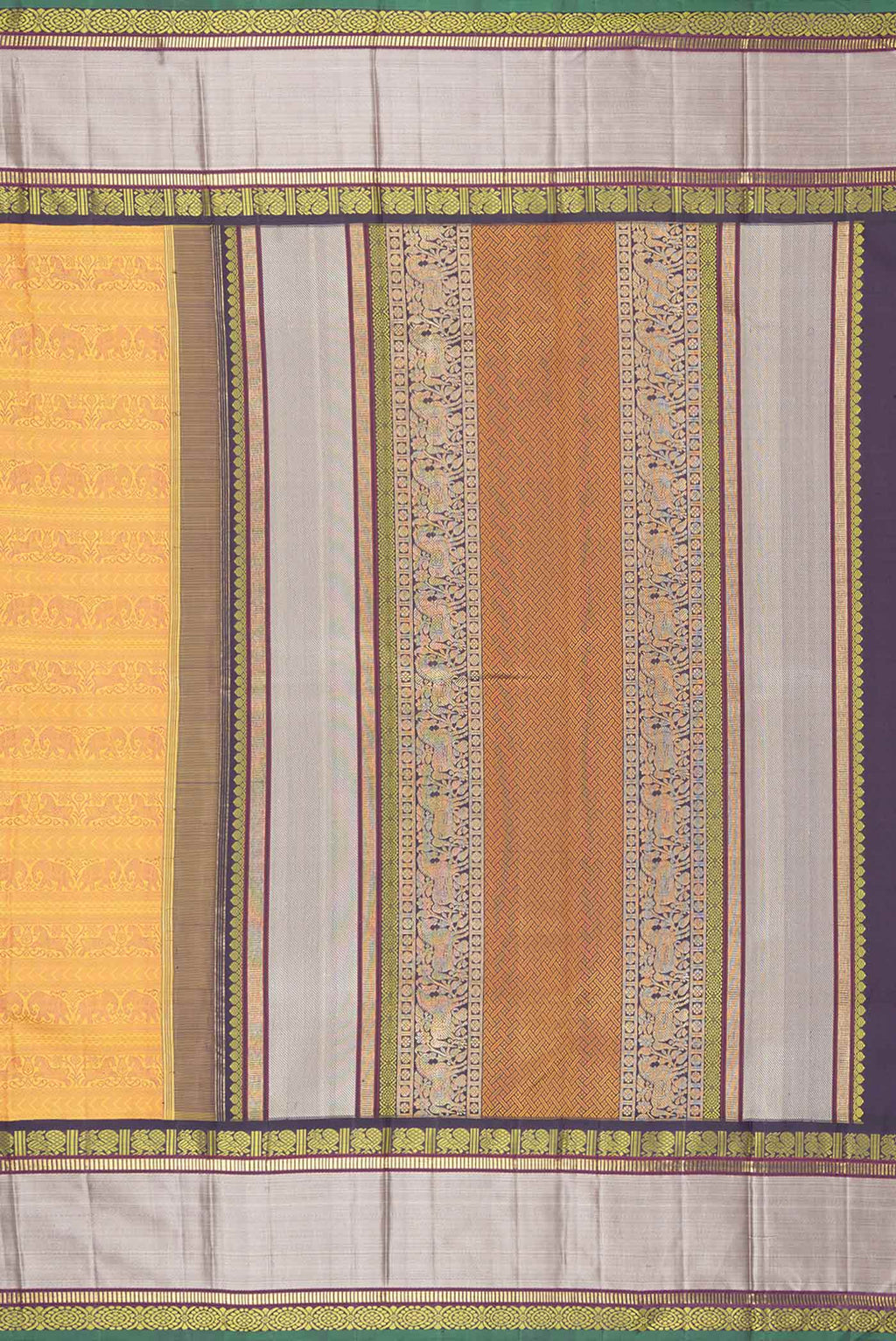 Close up image of the pallu of Pure Silk Pure Zari Mustard Dual Tone Kanchipuram Saree with Jacquard design on the body and Zari And Thread Border