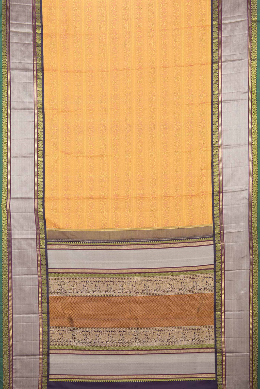 Flat view of Pure Silk Pure Zari Mustard Dual Tone Kanchipuram Saree with Jacquard design on the body and Zari And Thread Border
