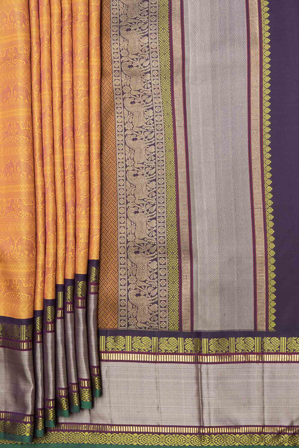 Pleats and pallu of Pure Silk Pure Zari Mustard Dual Tone Kanchipuram Saree with Jacquard design on the body and Zari And Thread Border