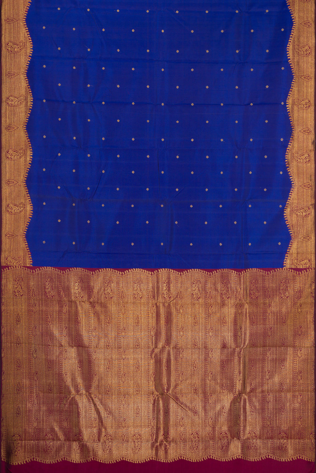 Flat view of Pure Silk Pure Zari Royal Blue Kanjivaram Saree with Zari Butta on the body and Fancy Border. 