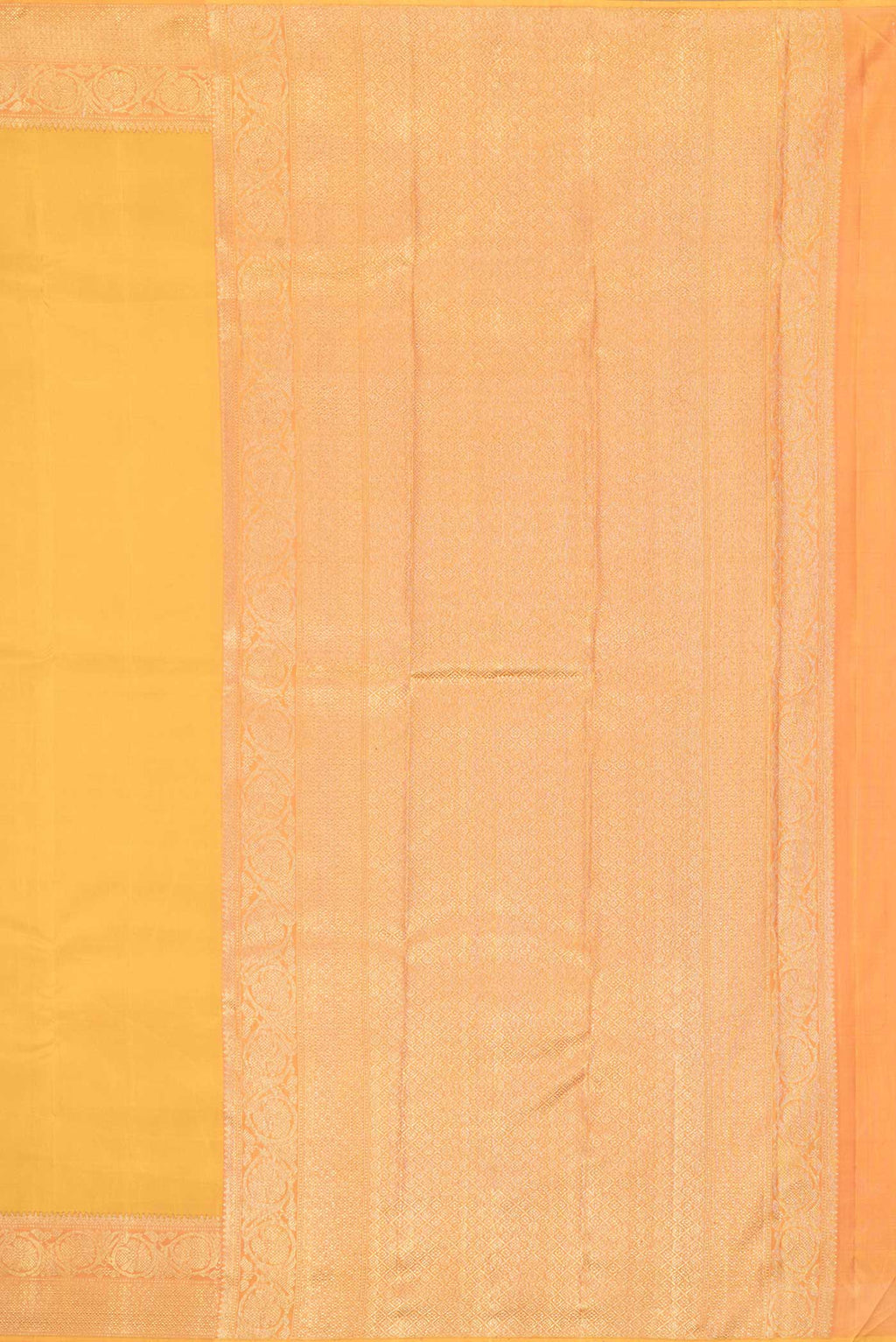 Close up image of the pallu of Pure Silk Pure Zari Mustard Dual Tone Kanchipuram Saree with Plain Body and Zari Border
