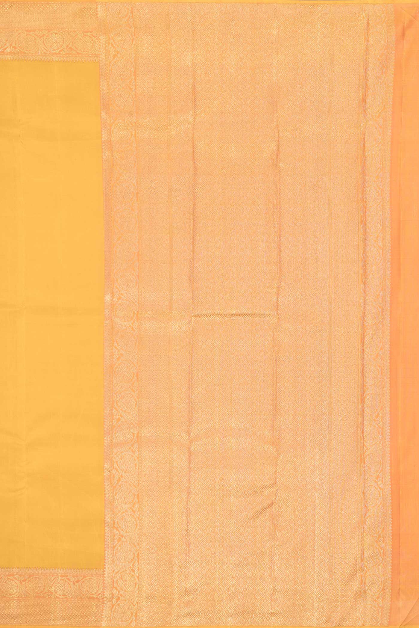 Close up image of the pallu of Pure Silk Pure Zari Mustard Dual Tone Kanchipuram Saree with Plain Body and Zari Border