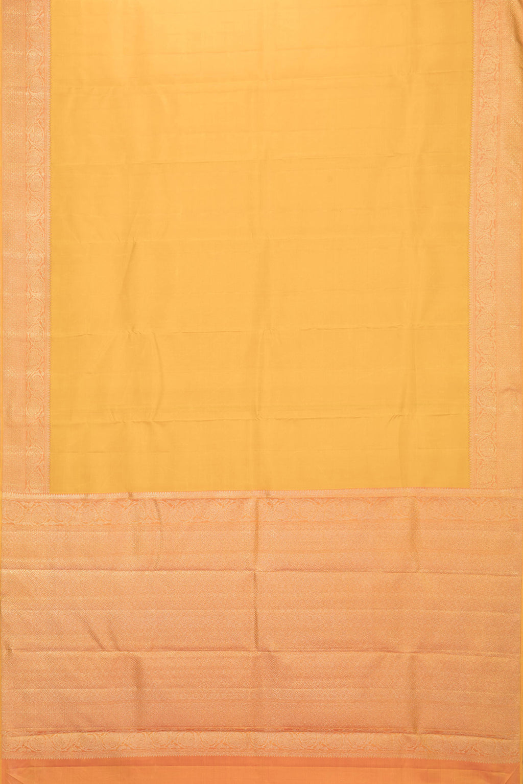 Flat view of Pure Silk Pure Zari Mustard Dual Tone Kanchipuram Saree with Plain Body and Zari Border
