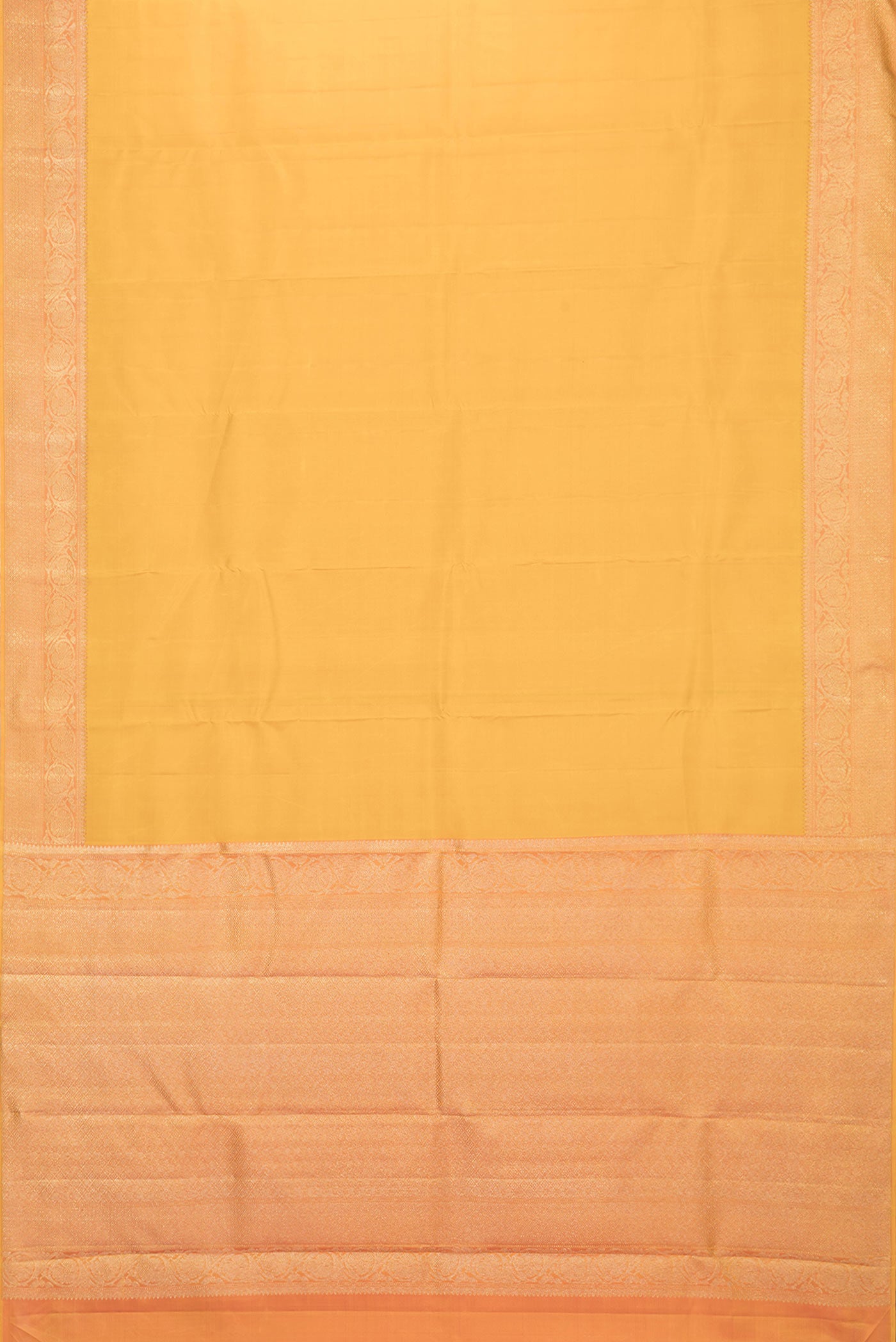 Flat view of Pure Silk Pure Zari Mustard Dual Tone Kanchipuram Saree with Plain Body and Zari Border