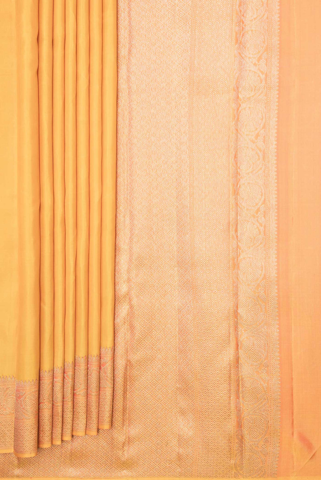 Pleats and pallu of Pure Silk Pure Zari Mustard Dual Tone Kanchipuram Saree with Plain Body and Zari Border