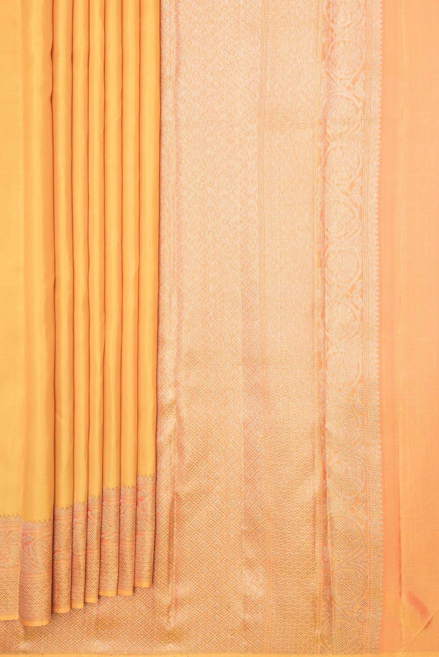 Pleats and pallu of Pure Silk Pure Zari Mustard Dual Tone Kanchipuram Saree with Plain Body and Zari Border