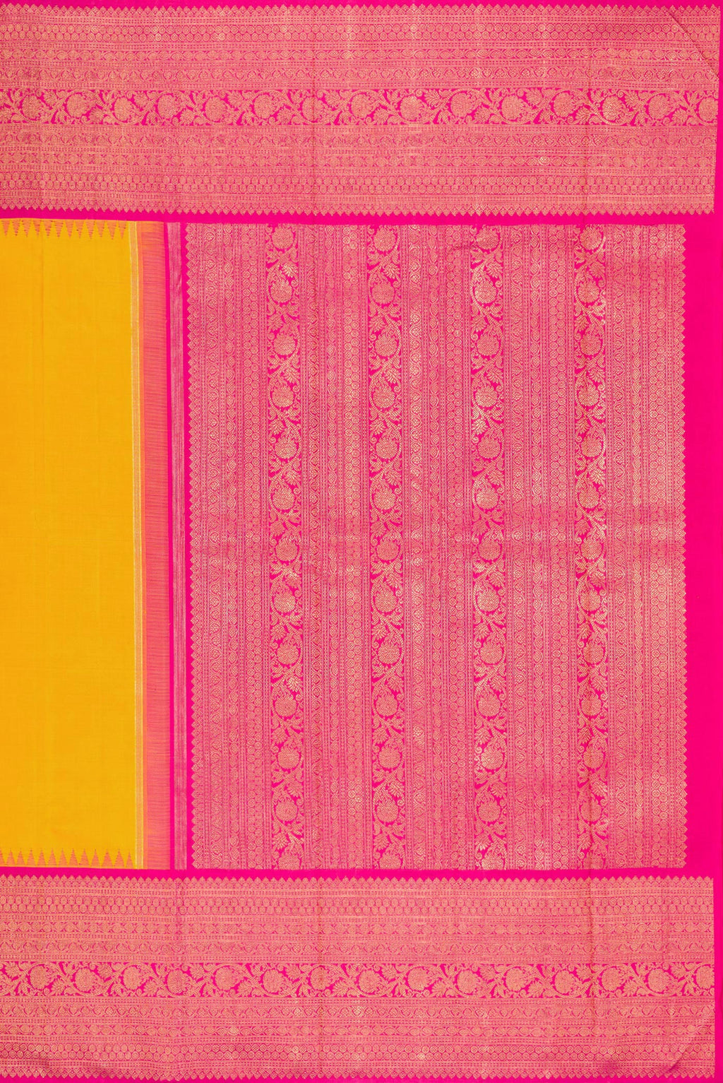 Close up image of the pallu of Pure Silk Pure Zari Yellow Kanjivaram Saree with Plain Body and Fancy Border. 