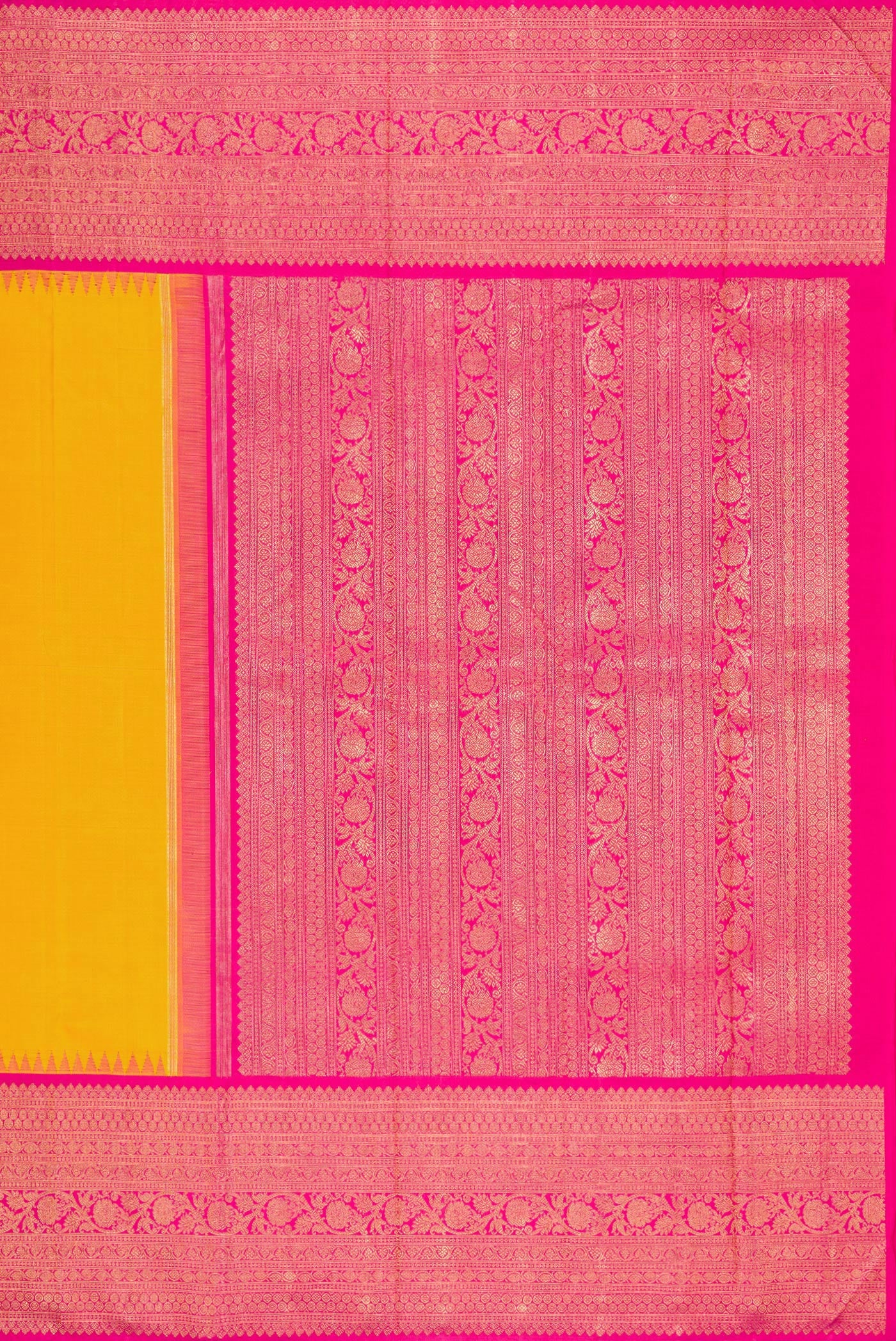 Close up image of the pallu of Pure Silk Pure Zari Yellow Kanjivaram Saree with Plain Body and Fancy Border. 