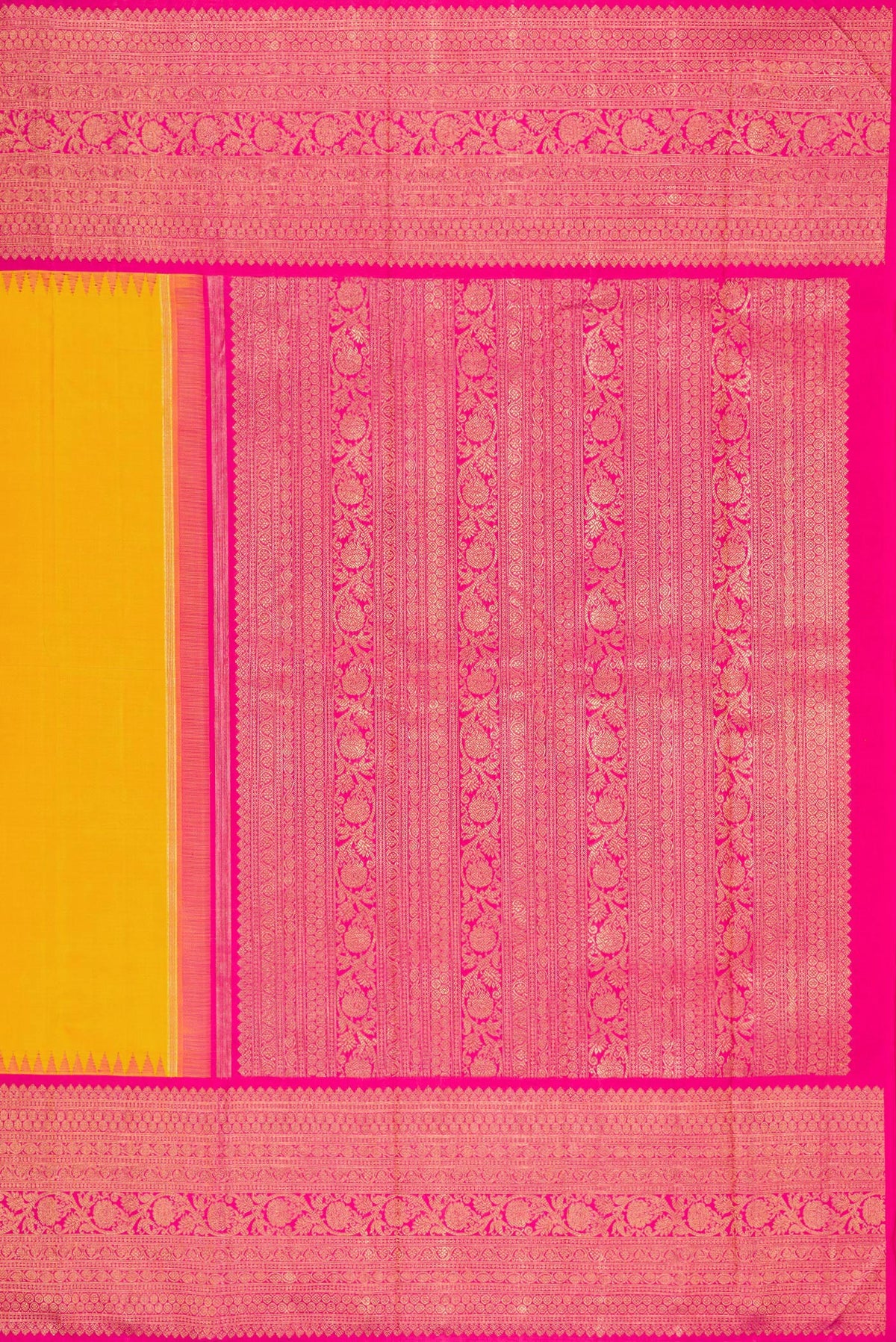 Close up image of the pallu of Pure Silk Pure Zari Yellow Kanjivaram Saree with Plain Body and Fancy Border. 