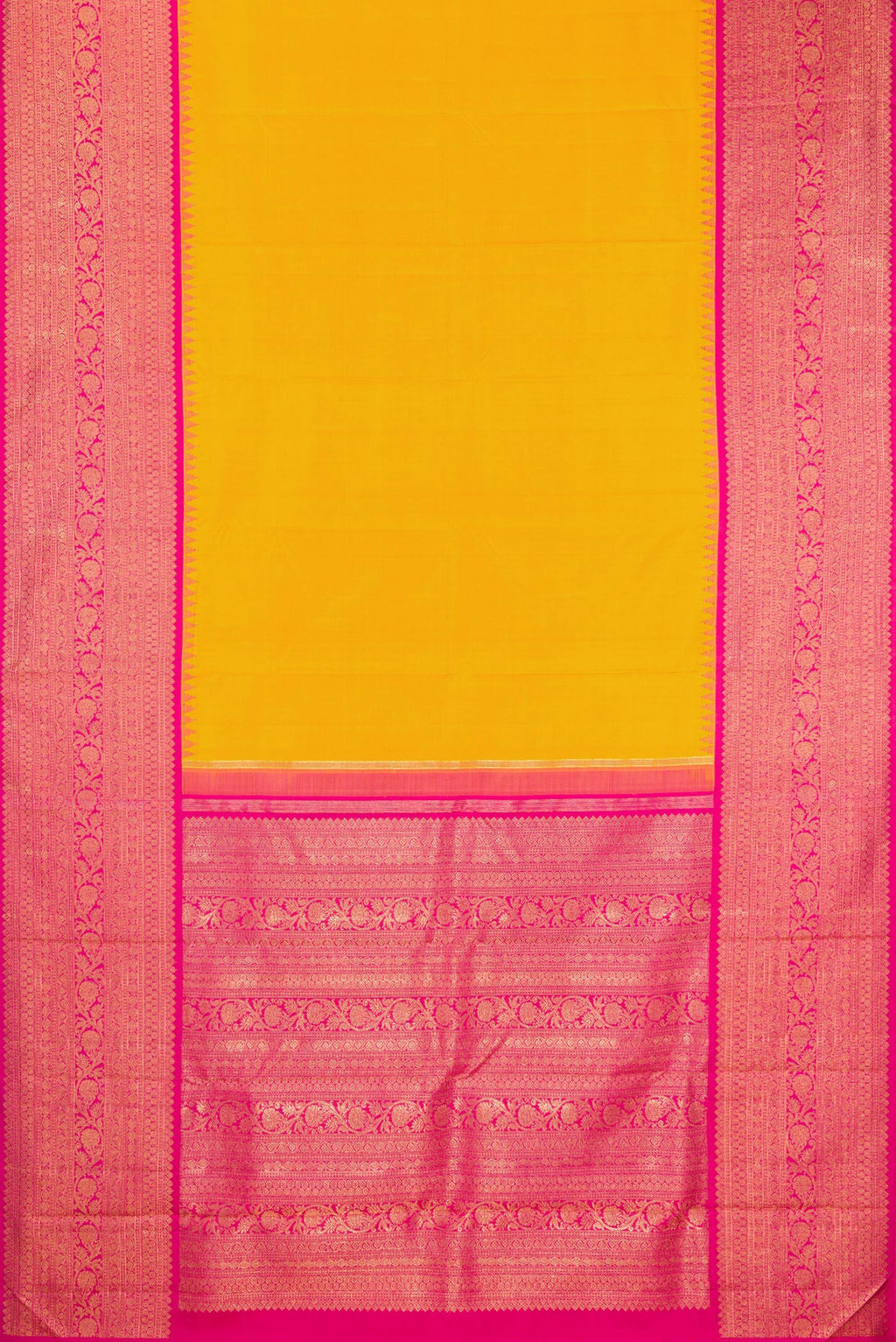 Flat view of Pure Silk Pure Zari Yellow Kanjivaram Saree with Plain Body and Fancy Border. 