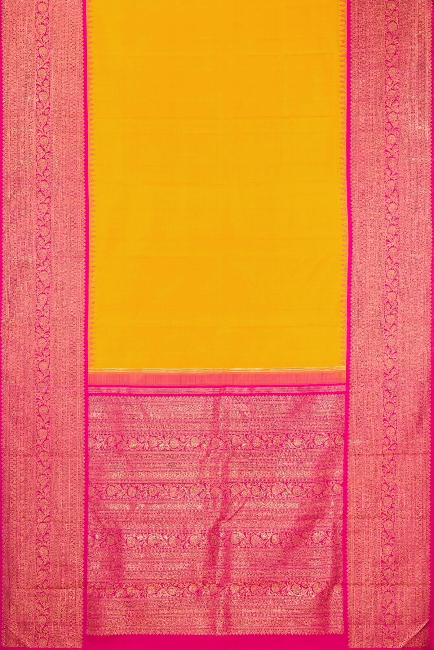Flat view of Pure Silk Pure Zari Yellow Kanjivaram Saree with Plain Body and Fancy Border. 