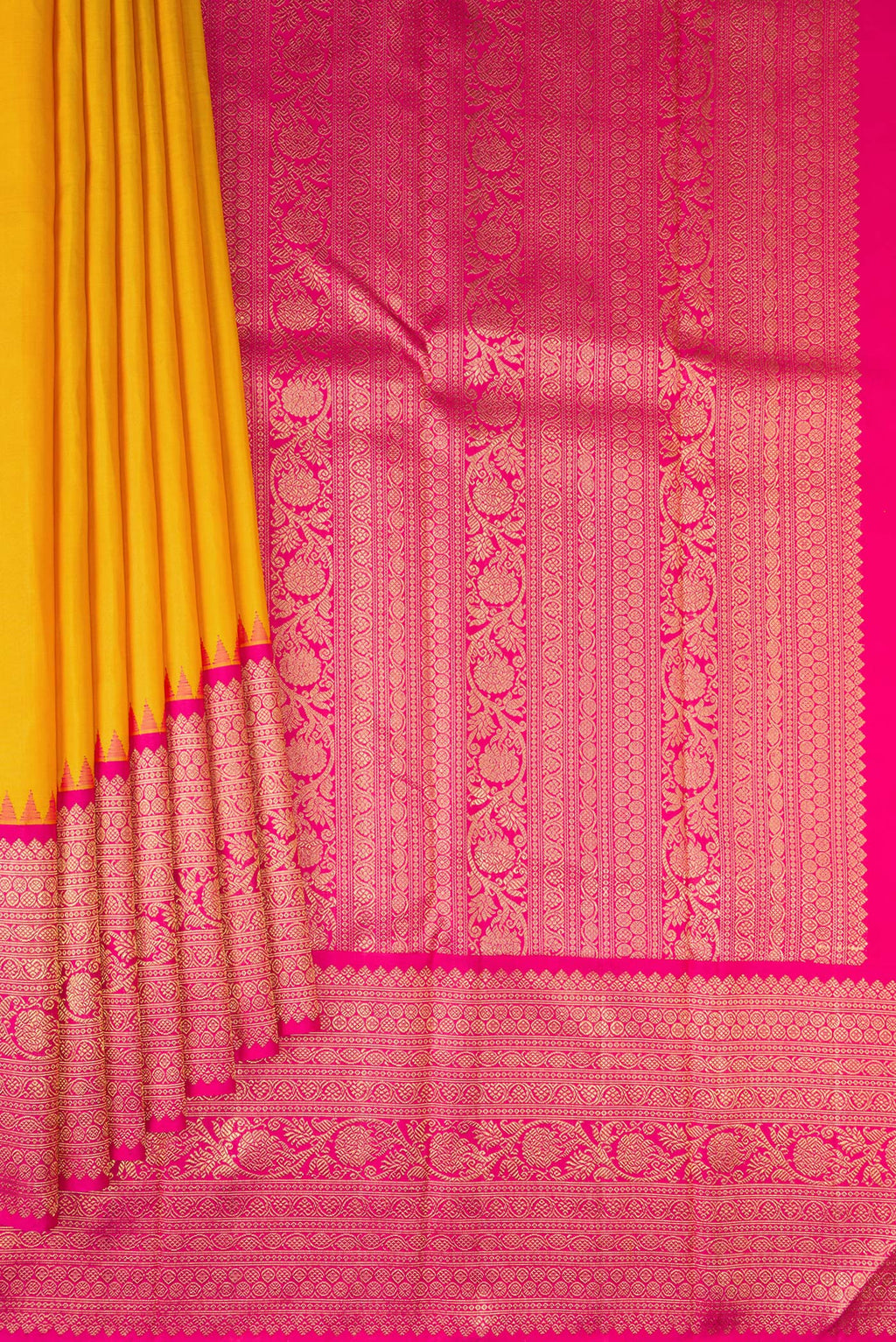 Pleats and pallu of Pure Silk Pure Zari Yellow Kanjivaram Saree with Plain Body and Fancy Border. 