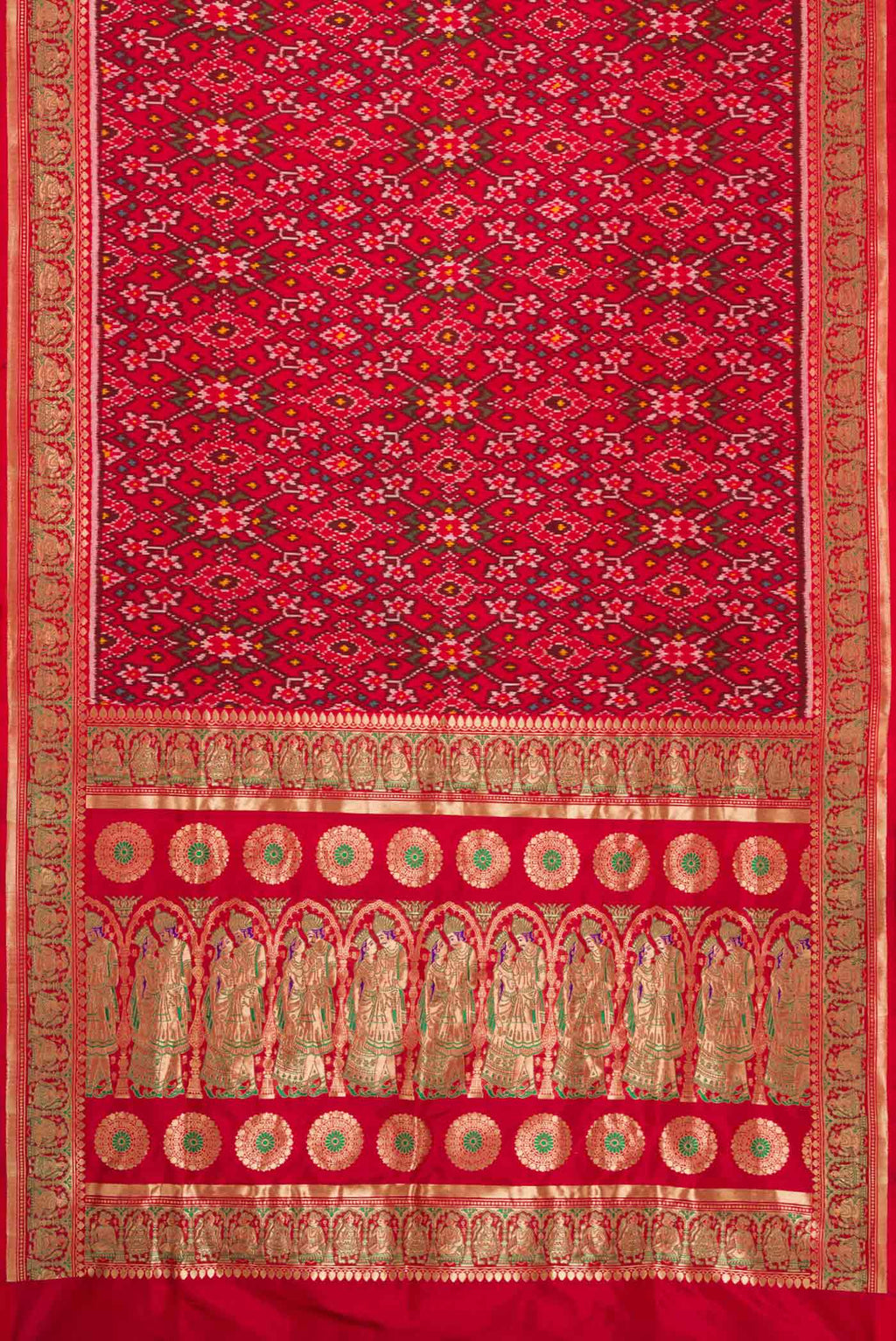 Flat view of Pure Silk Pure Zari Red Dual Tone Double Ikat Saree with Ikat Print on the body and Fancy Border