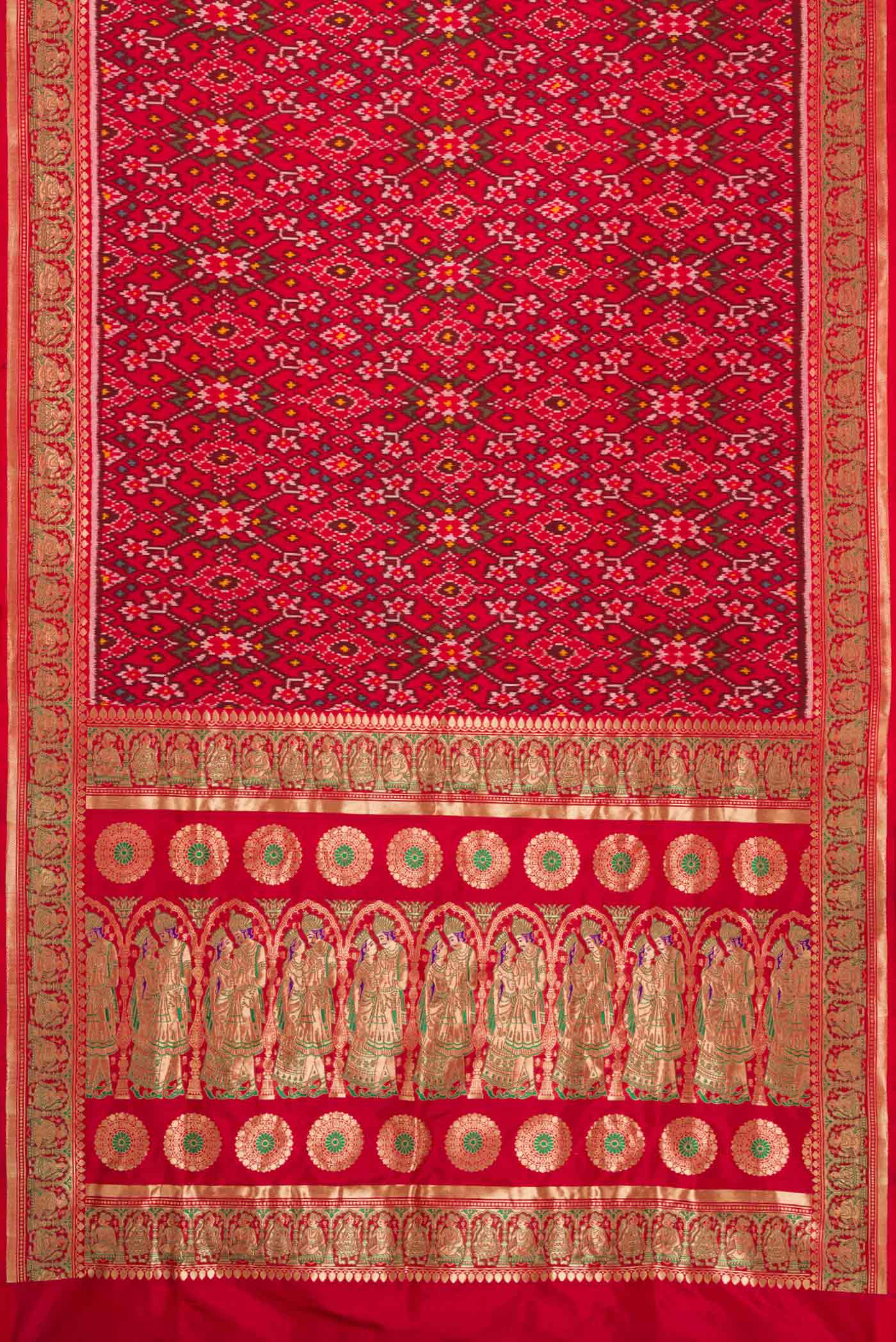 Flat view of Pure Silk Pure Zari Red Dual Tone Double Ikat Saree with Ikat Print on the body and Fancy Border